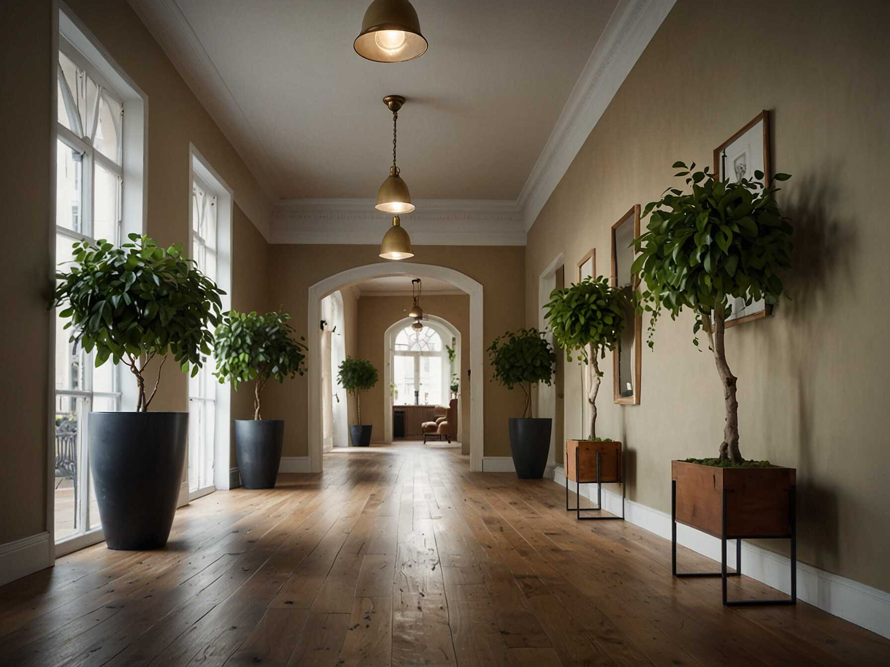 Plants can refresh the atmosphere of any hallway. Place potted plants or hanging greenery to add a natural touch. They are great for improving air quality too.  