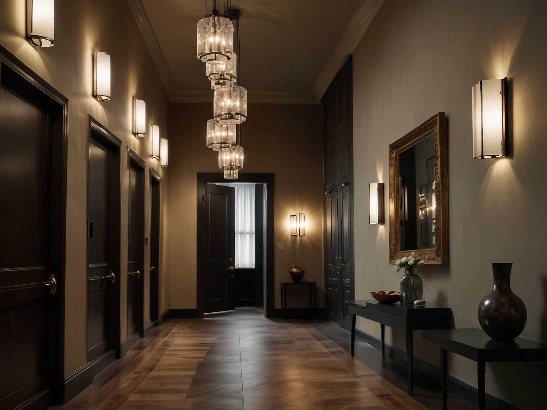 Great lighting can transform a hallway. Use eye-catching fixtures like chandeliers or modern pendant lights. They can make your hallway look elegant and stylish.  