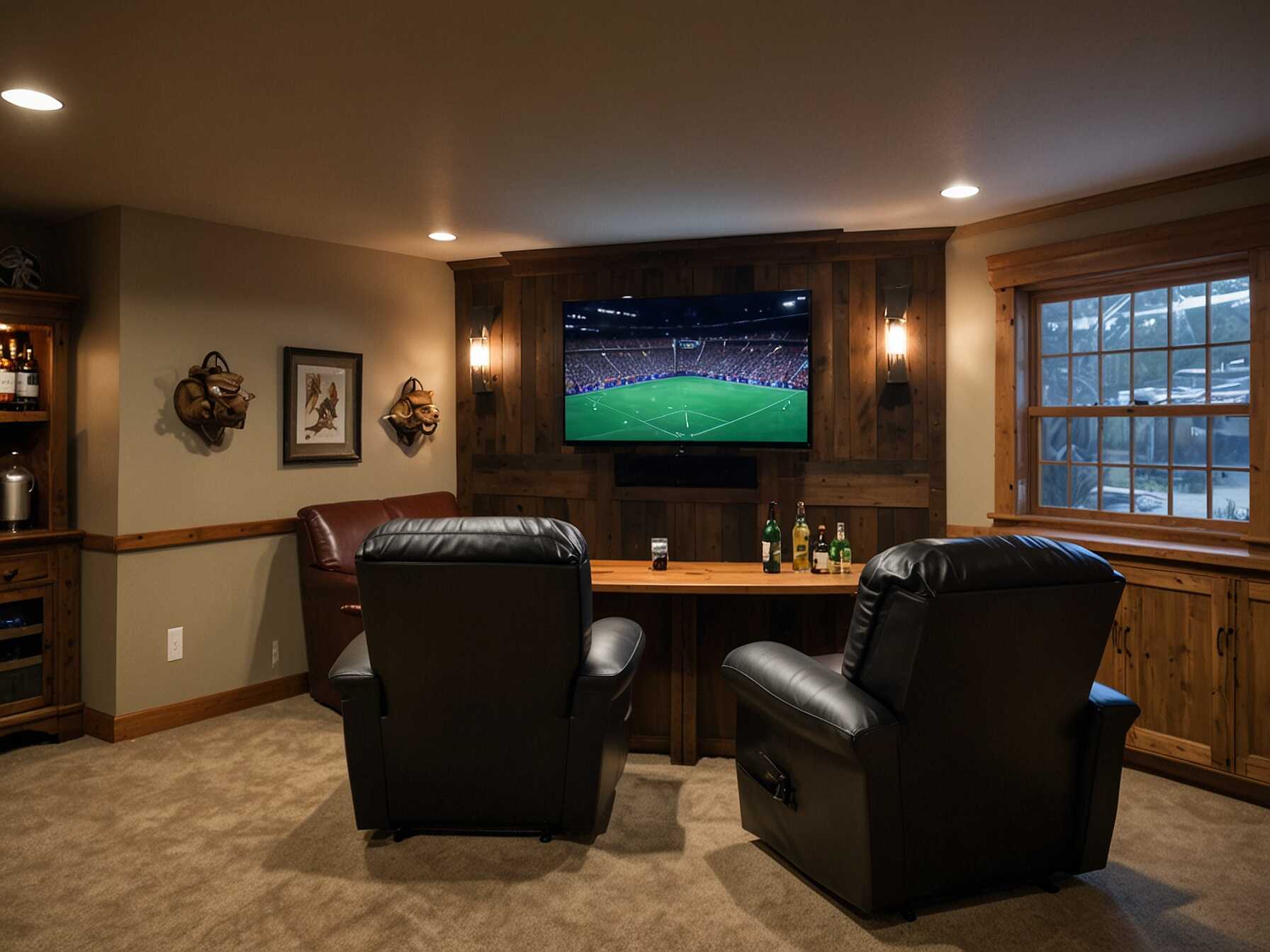 Create a cozy man cave in your garage. Add a TV, bar area, and comfy chairs. It’s a great spot to relax and enjoy leisure activities.  