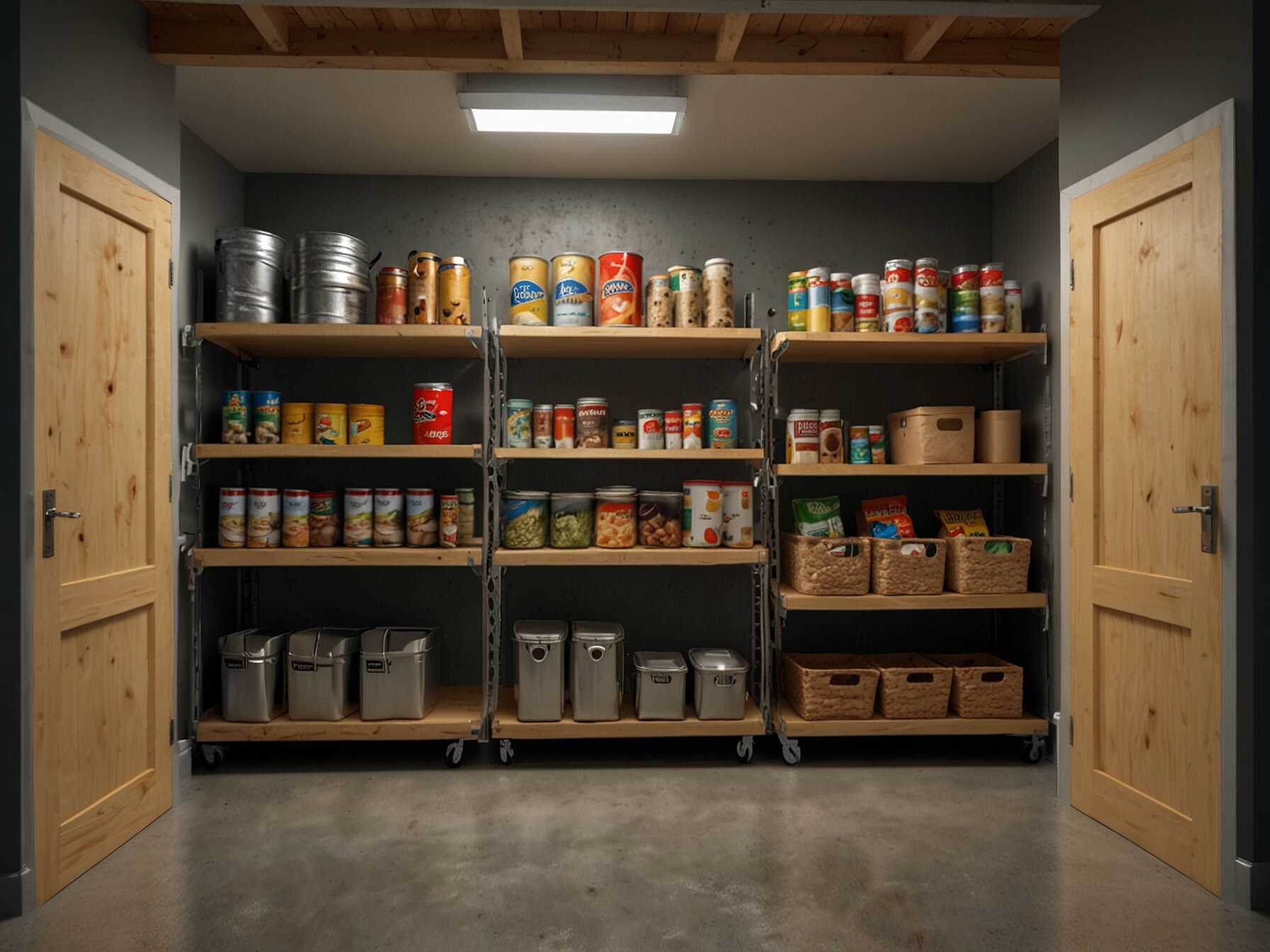 Make a pantry area in your garage. Install shelves for canned goods, snacks, and other items. This extra storage helps keep your kitchen tidy.  