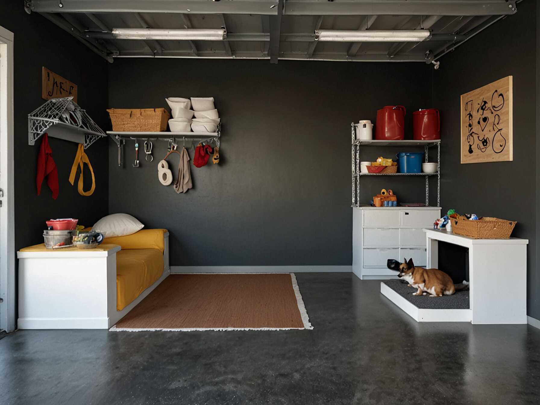 Set up a pet area in your garage. Add pet beds, shelves for supplies, and a small play area. It keeps pet messes contained and gives them a cozy spot.  