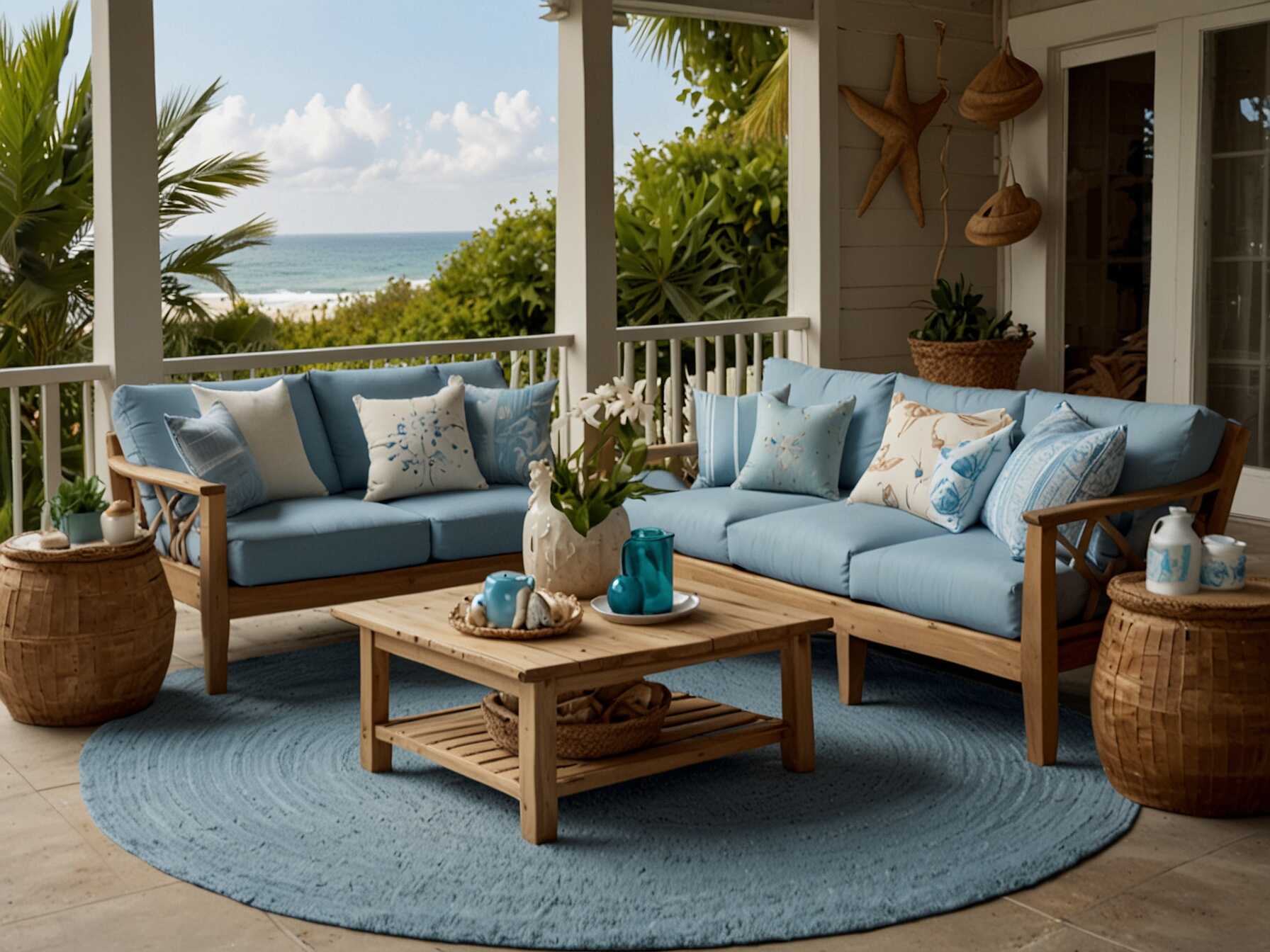 Bring the beach to your patio with light colors and seashell decorations. Use wooden furniture painted in white or light blue. Add some beach-themed pillows and accessories.  