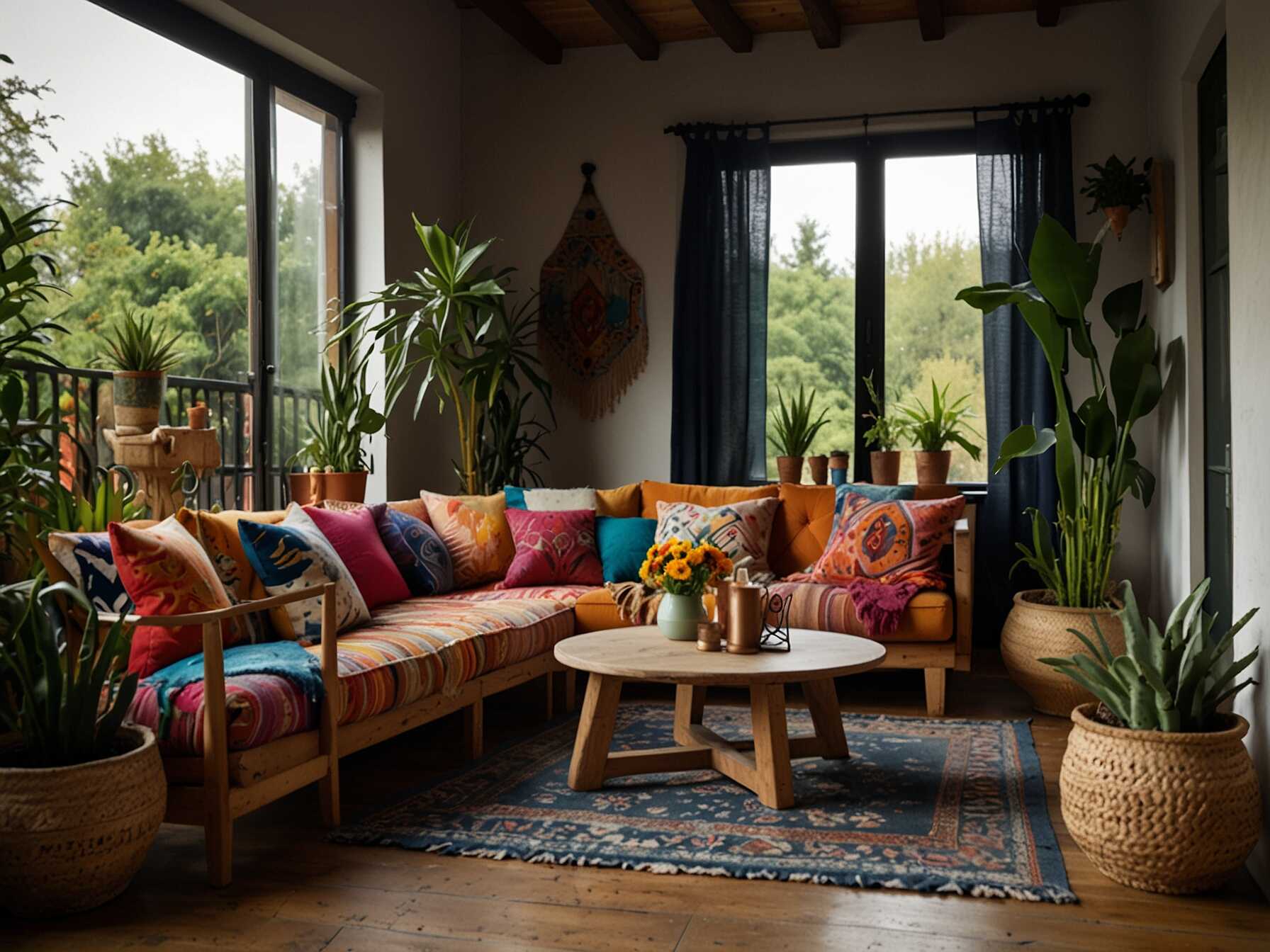 Go for a boho chic look with eclectic furniture and colorful textiles. Use a mix of patterns and textures. Add some hanging planters and a few candles.  