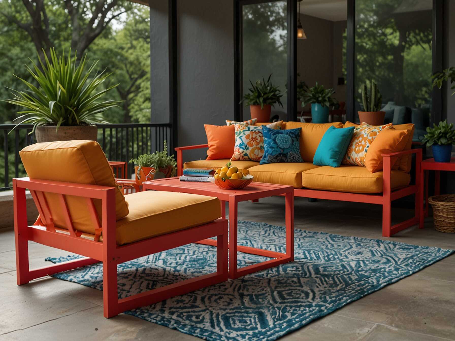 Brighten up your patio with bold and vibrant colors. Use colorful furniture and cushions. Add some painted flower pots for extra flair.  