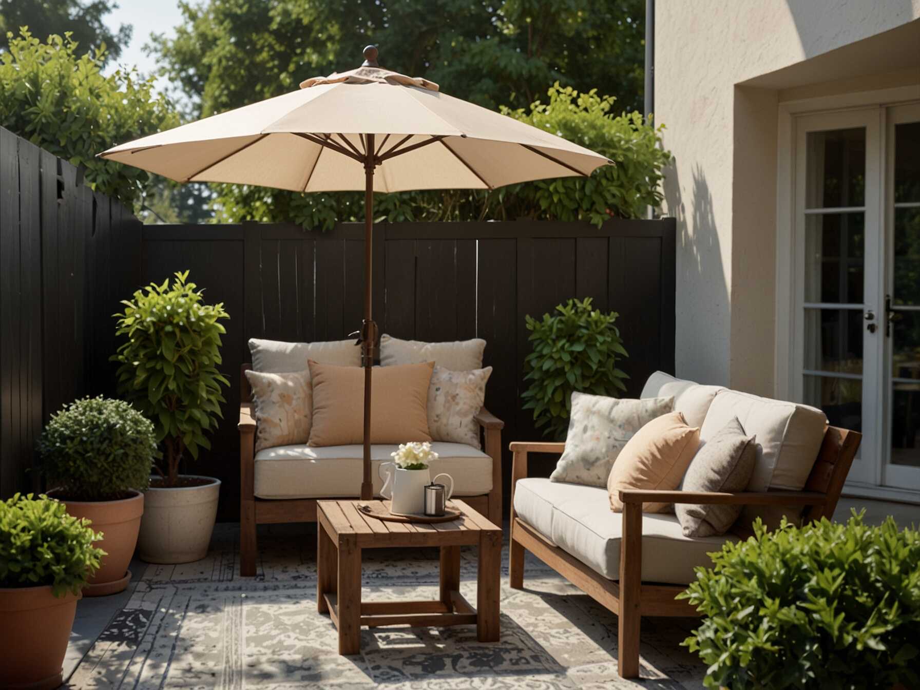 Create a small, cozy corner on your patio with a comfortable loveseat and a couple of soft pillows. Add a small coffee table for drinks and snacks. Use a large umbrella to provide shade during sunny days.  