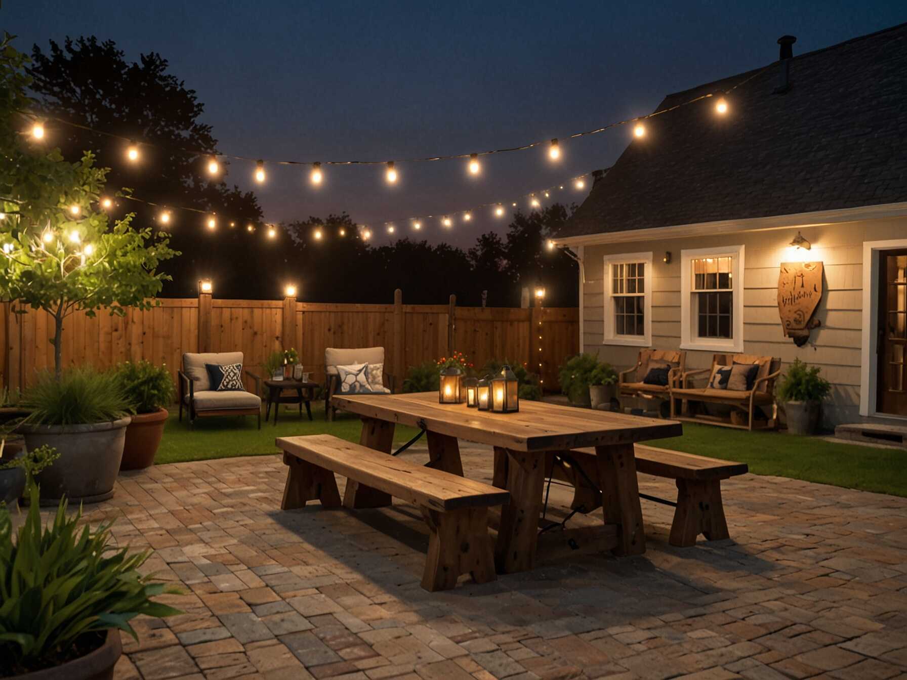 Set up your patio for entertainment with a large table and plenty of seating. Add a few outdoor games like cornhole or a dartboard. Use string lights to create a fun atmosphere.  