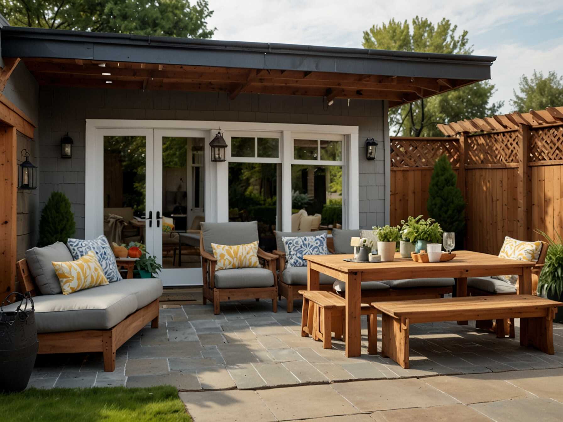 Create a family-friendly patio with sturdy furniture and plenty of seating. Have a large table for meals and some outdoor toys for the kids. Add a few cushions for comfort.  