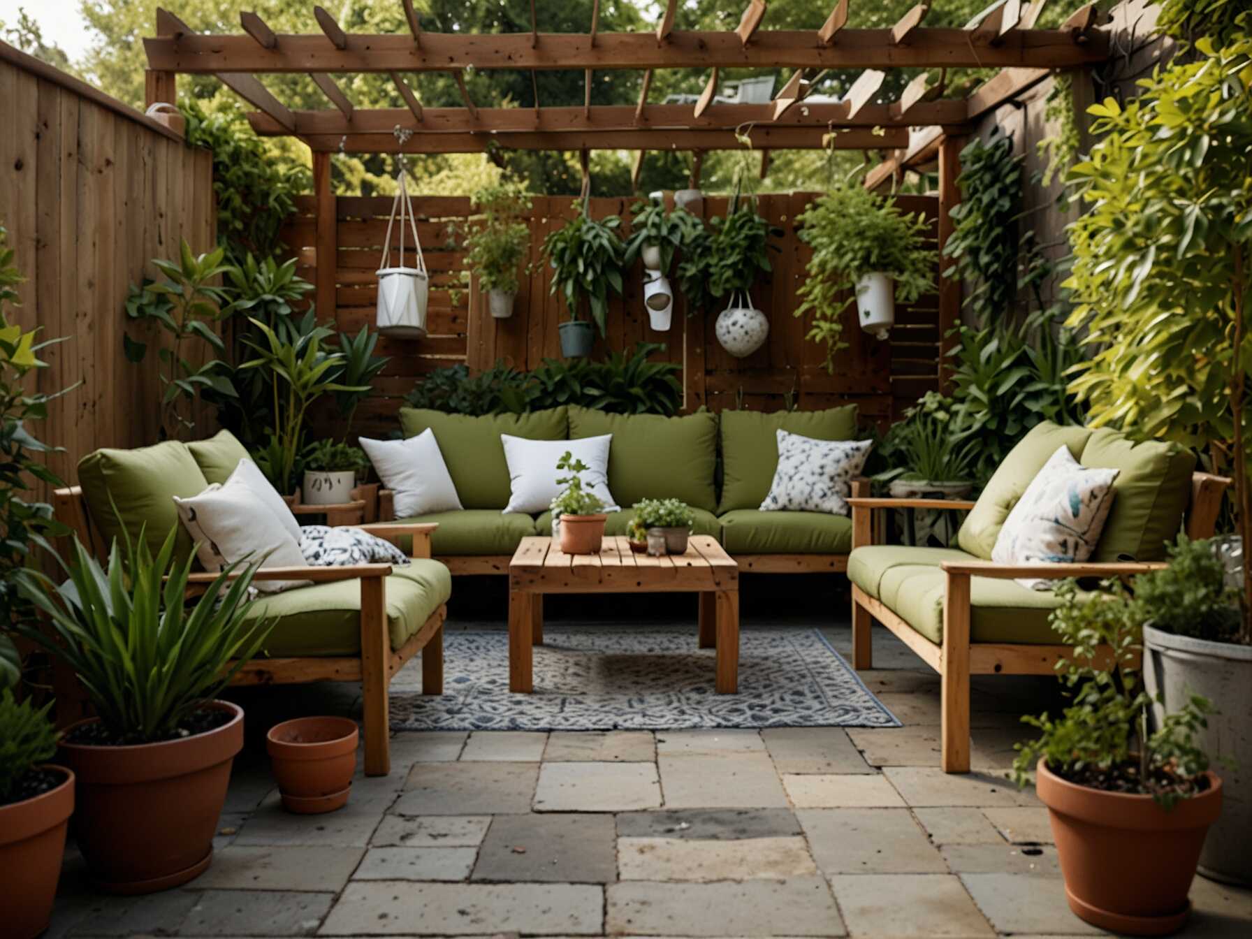 Make your patio green with lots of plants and eco-friendly materials. Use recycled furniture and organic fabrics. Add a small compost bin if you have space.  