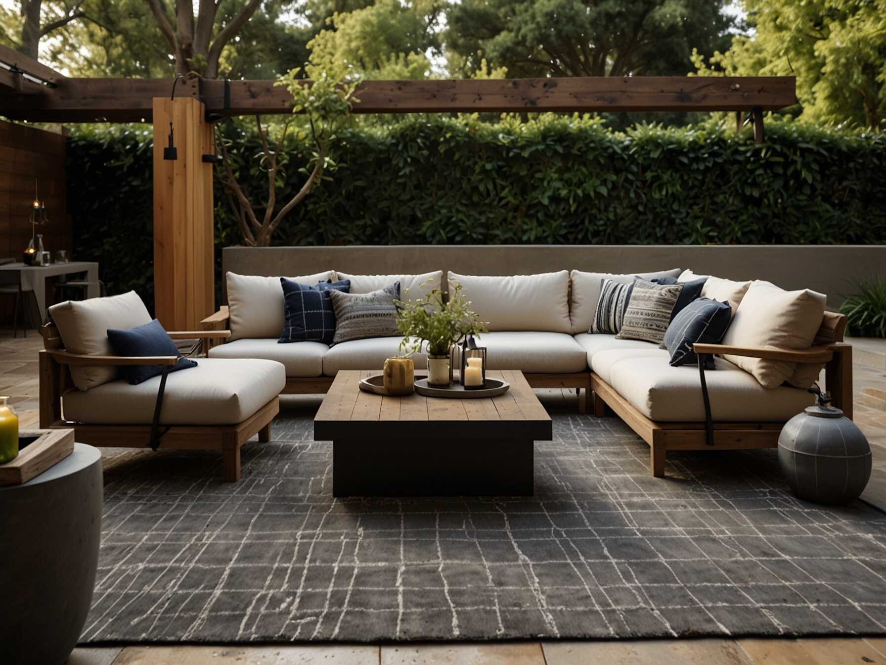 Transform your patio into a luxury retreat with plush furniture and high-end materials. Use large, comfortable seating pieces and a high-quality outdoor rug.  