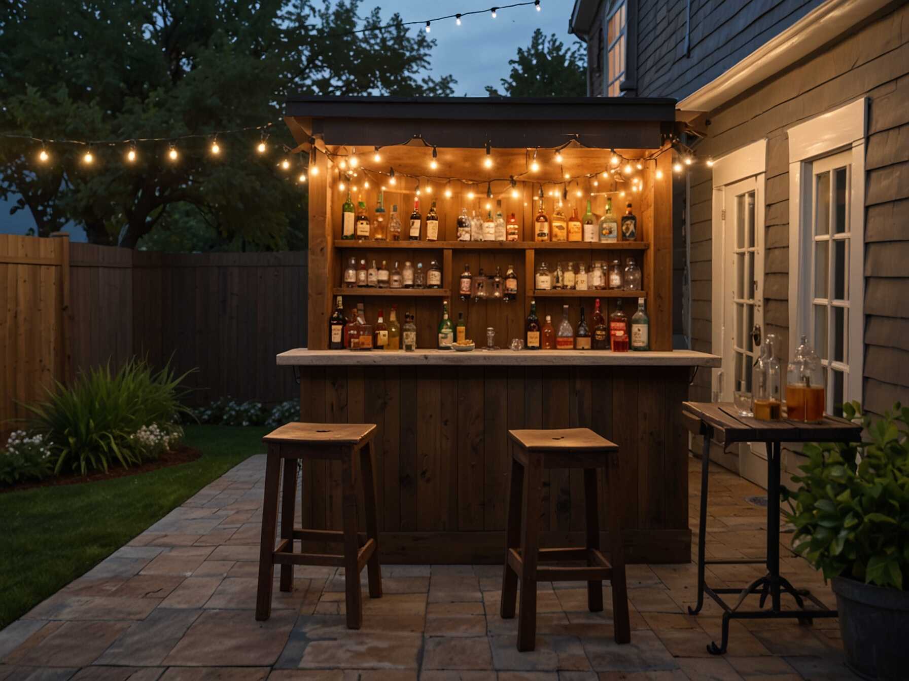 Set up a bar on your patio with a counter, stools, and a mini-fridge. Have a variety of drinks and glasses ready. Add a few string lights to create a bar-like atmosphere.  