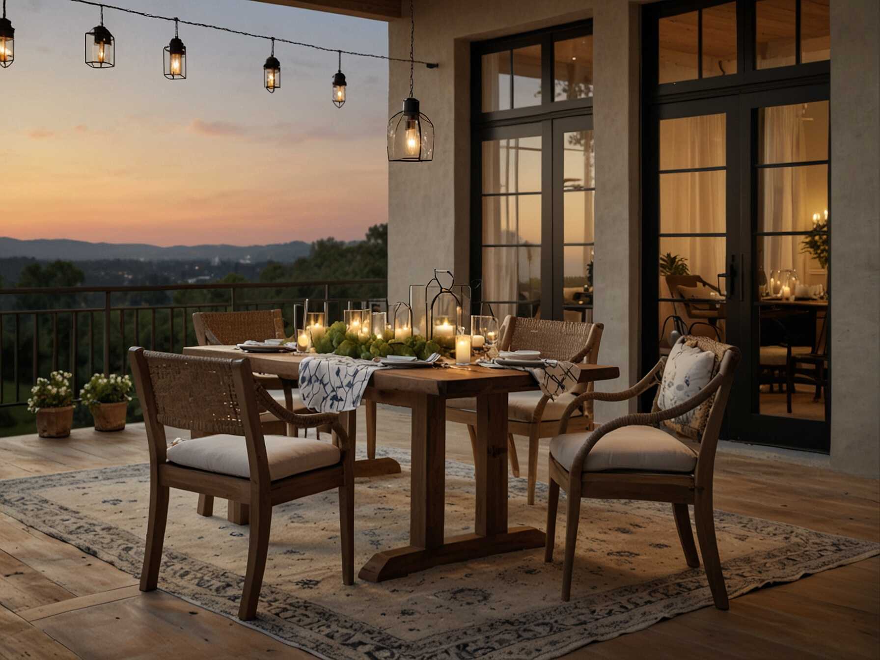 Set up an outdoor dining area with a sturdy table and chairs. Choose weather-resistant materials. Add a charming tablecloth and some lanterns to enjoy dinner under the stars.  