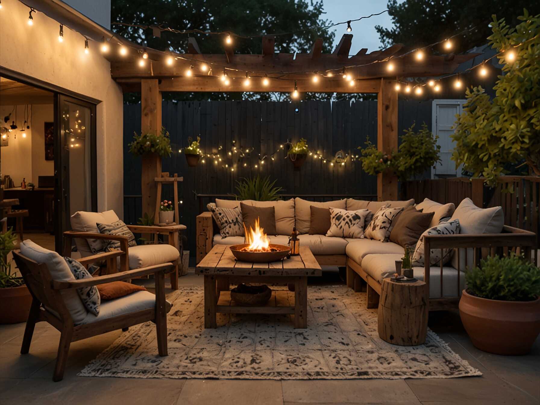 Use wooden furniture and earthy colors to create a rustic patio feel. Add some woven rugs and throw blankets for warmth. String lights complete the cozy look.  