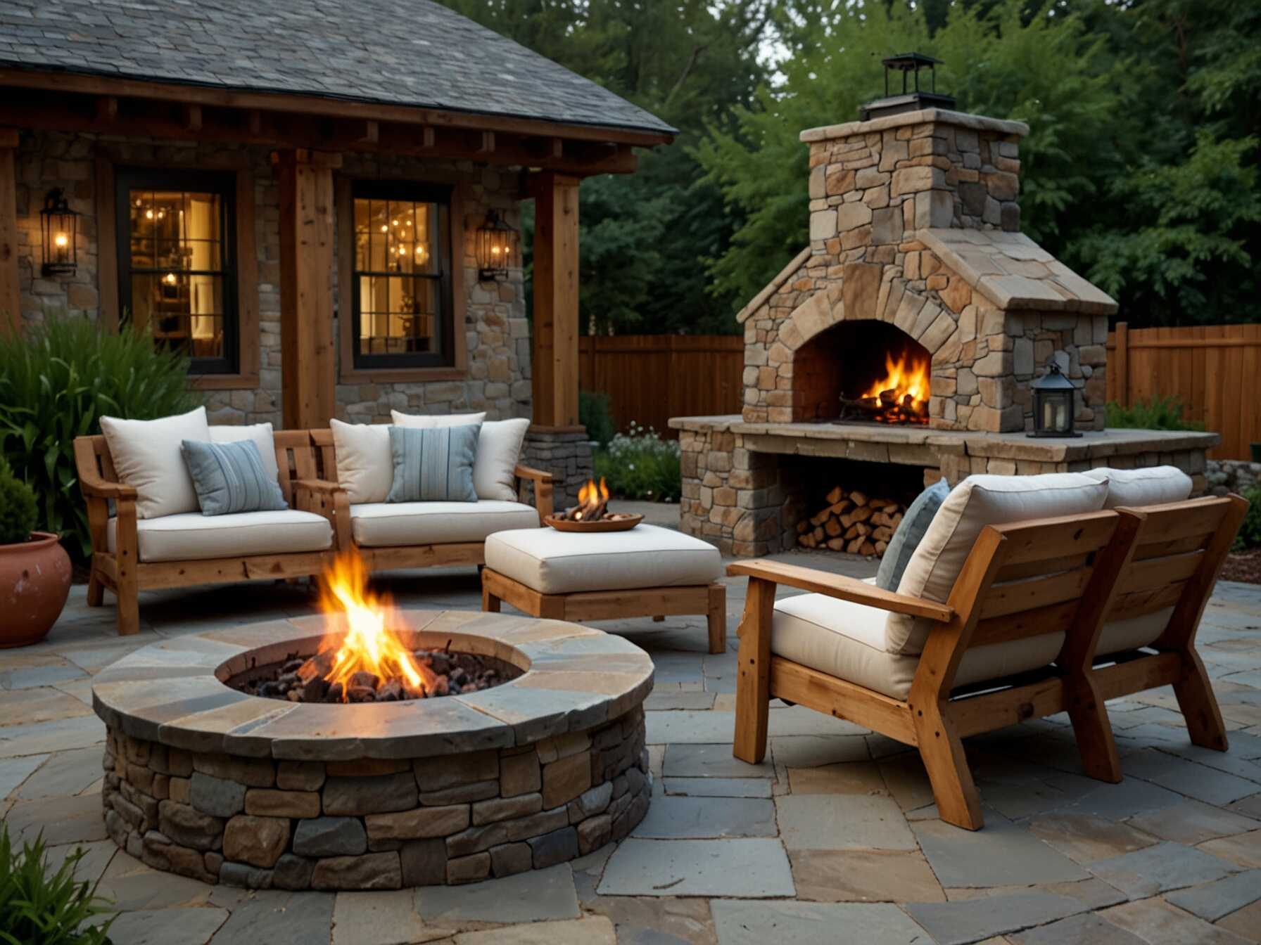 Use stone materials for a rustic patio look. Stone flooring and a stone fire pit can add charm. Use wooden furniture to complete the look.  