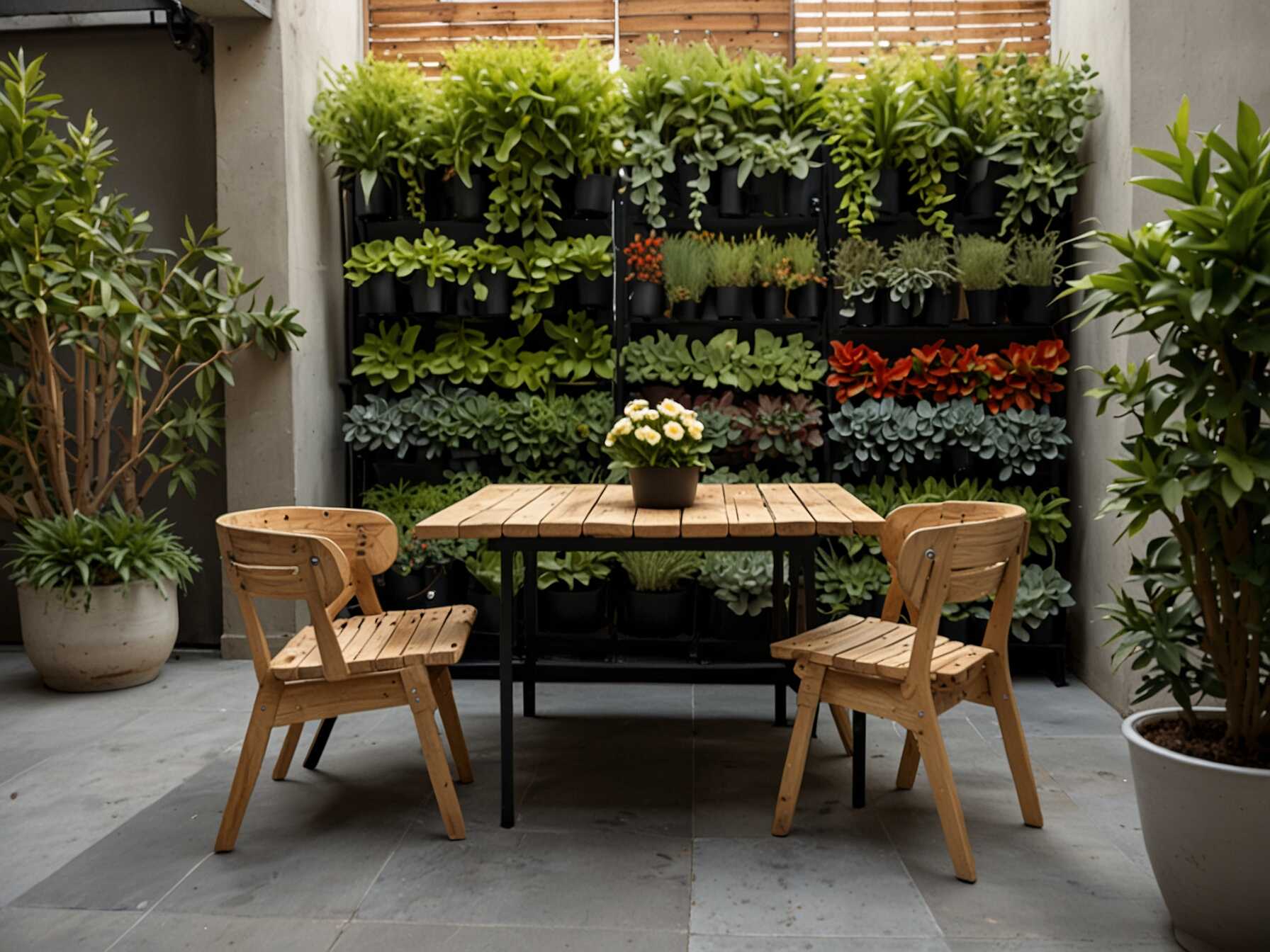 Maximize a small patio with multi-functional furniture. Use foldable chairs and tables that can be easily stored. Vertical garden walls can save space and add greenery.  