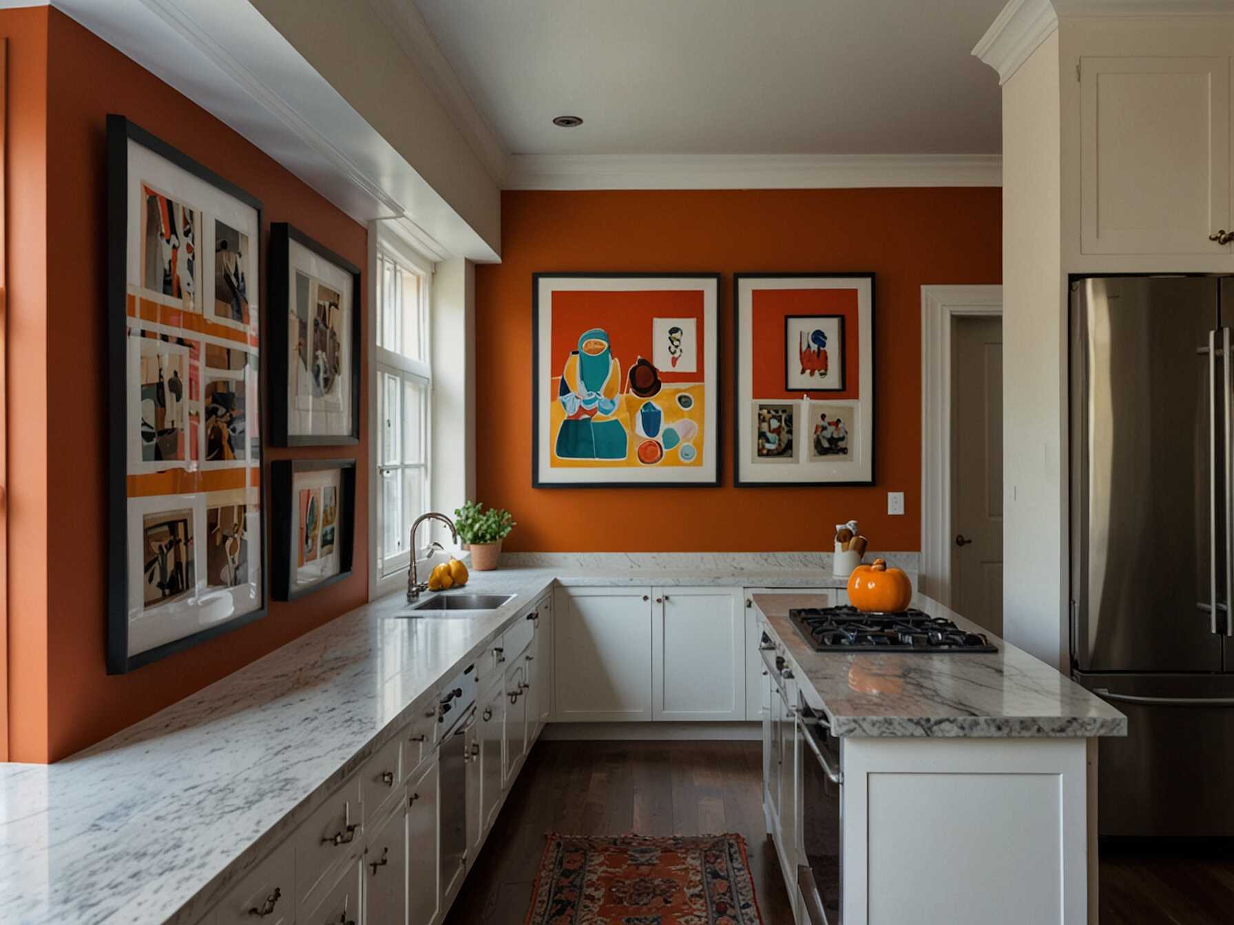 Hang artwork or framed photos in your kitchen. This personalizes the space and makes it feel homey. Choose art that matches your kitchen’s color scheme.  