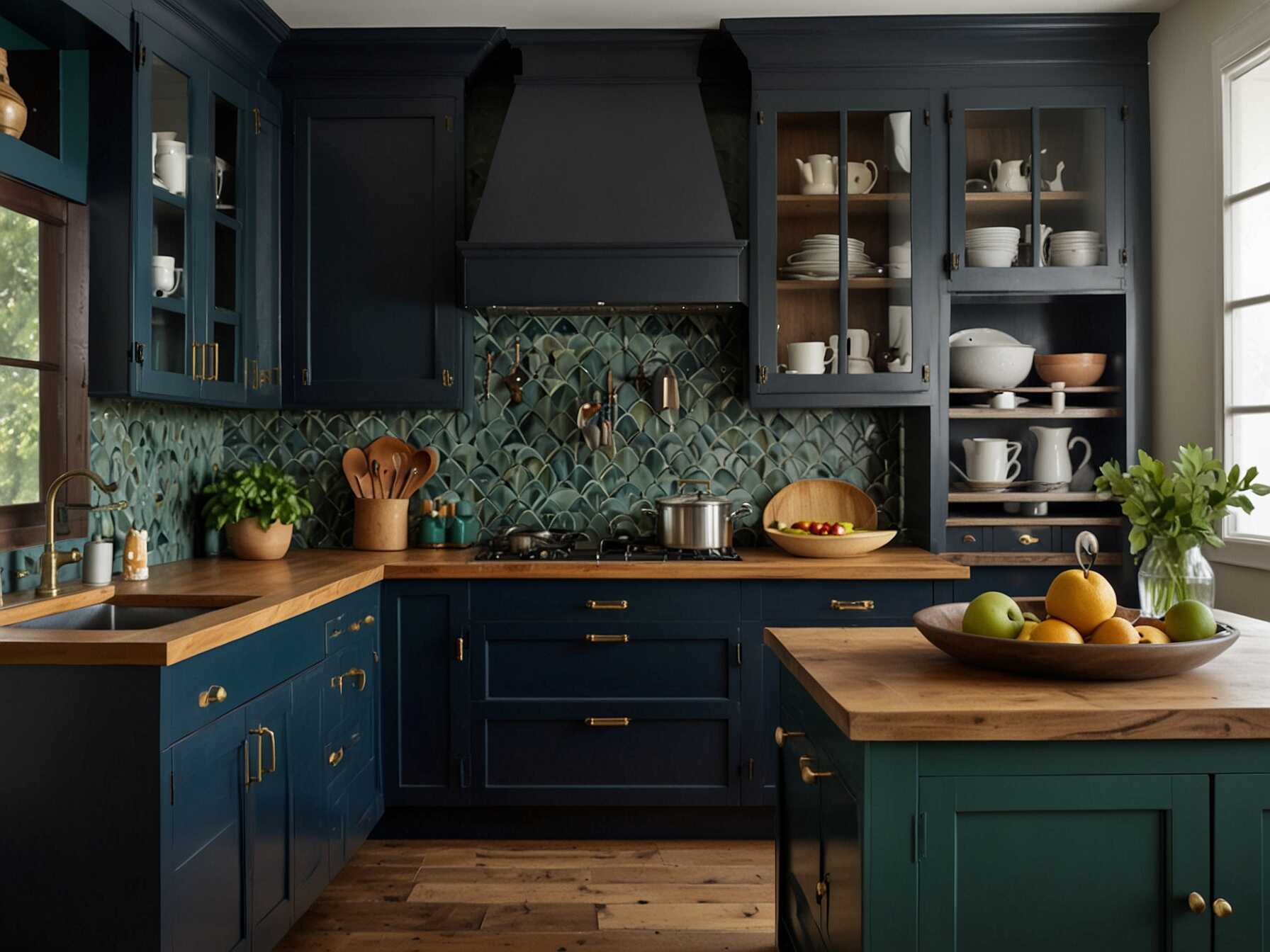 Paint your kitchen cabinets in bold colors like navy blue or forest green. Its a quick way to make your kitchen pop. Choose hardware that complements the new color.  