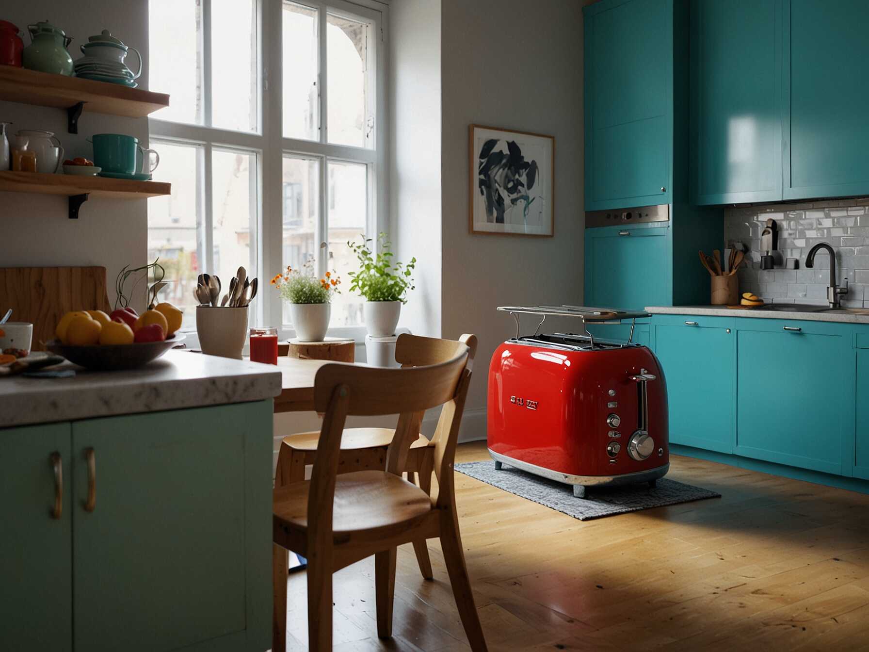 Switch to colorful appliances like a bright red mixer or a turquoise toaster. These small changes can make a big impact. They also add a playful touch to the kitchen.  