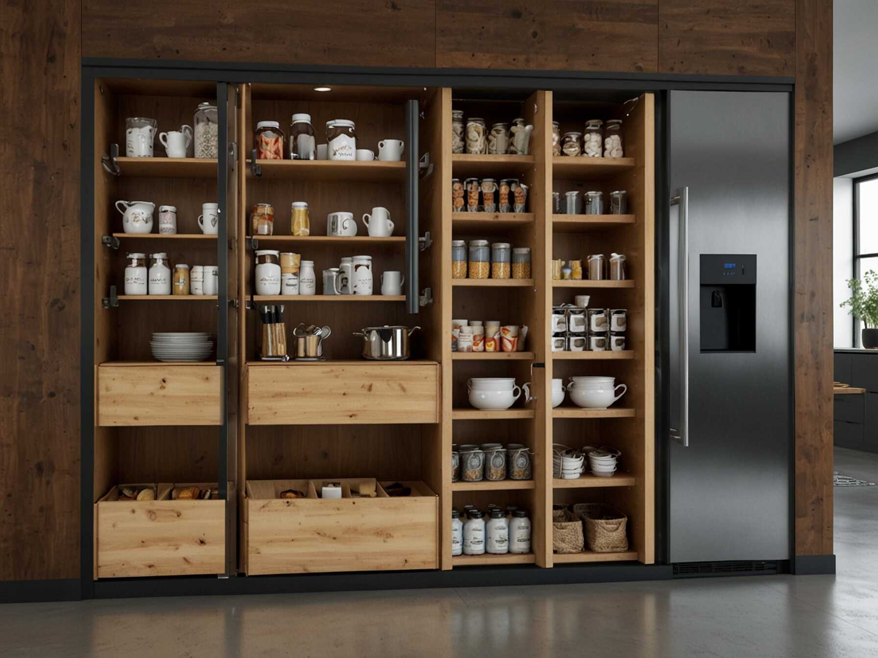 Use creative storage solutions like sliding pantry doors and roll-out shelves. This helps keep your kitchen organized and efficient. It also adds a modern touch.  