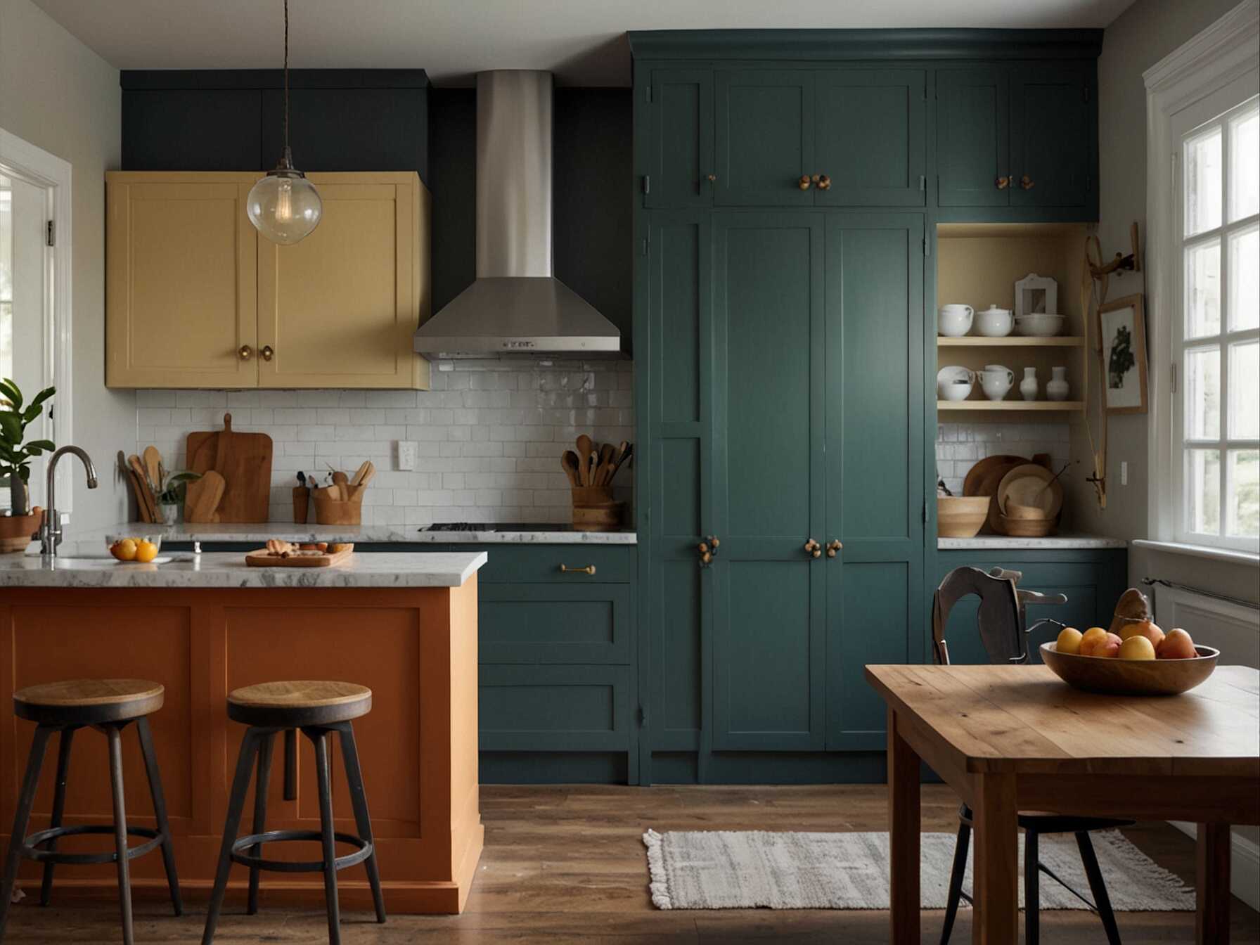 Use dual-tone cabinets in your kitchen. Paint the upper cabinets one color and the lower cabinets another. This adds visual interest and depth.  