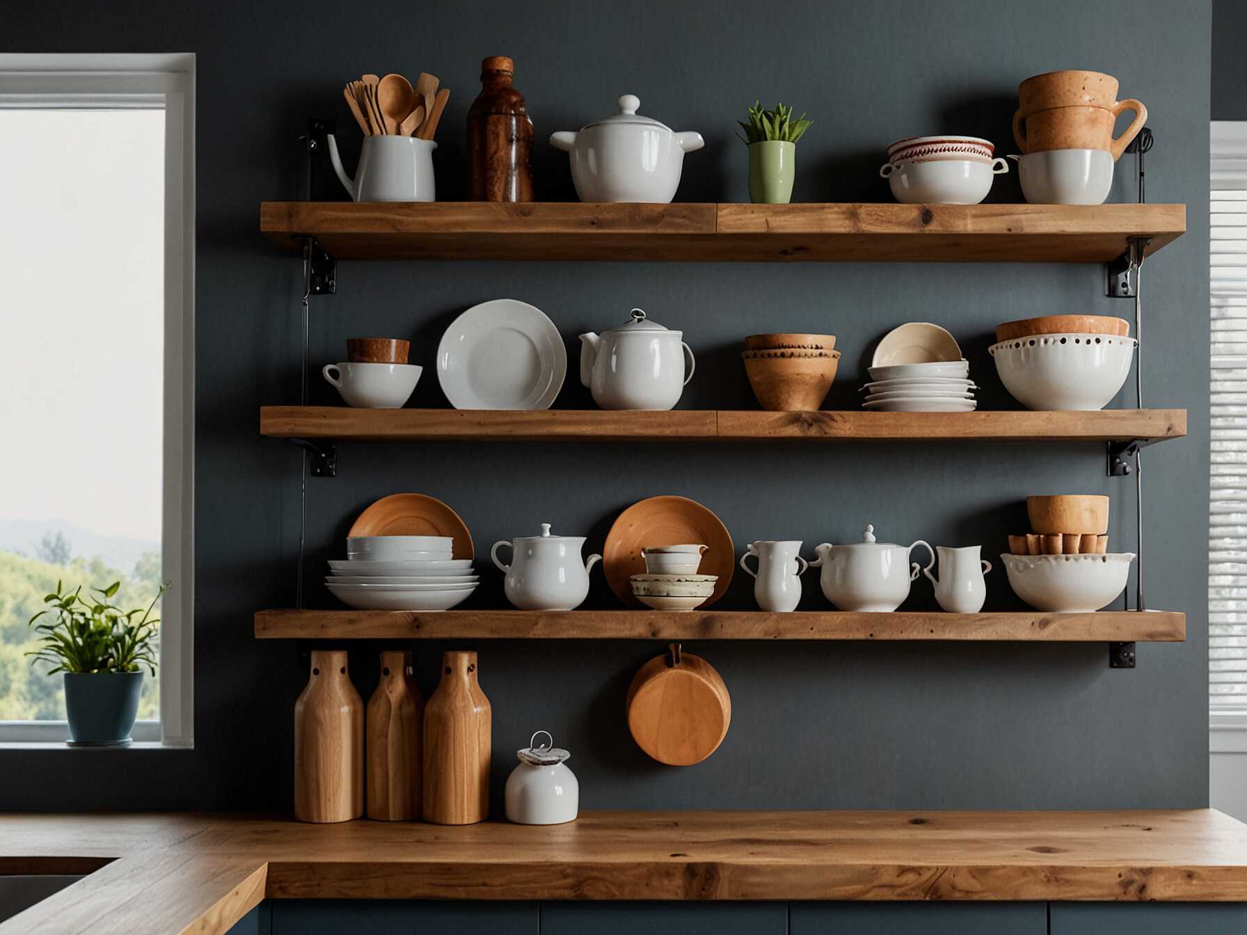 Install floating shelves in your kitchen. These are perfect for displaying decorative items and small kitchen tools. They add a modern look to your space.  