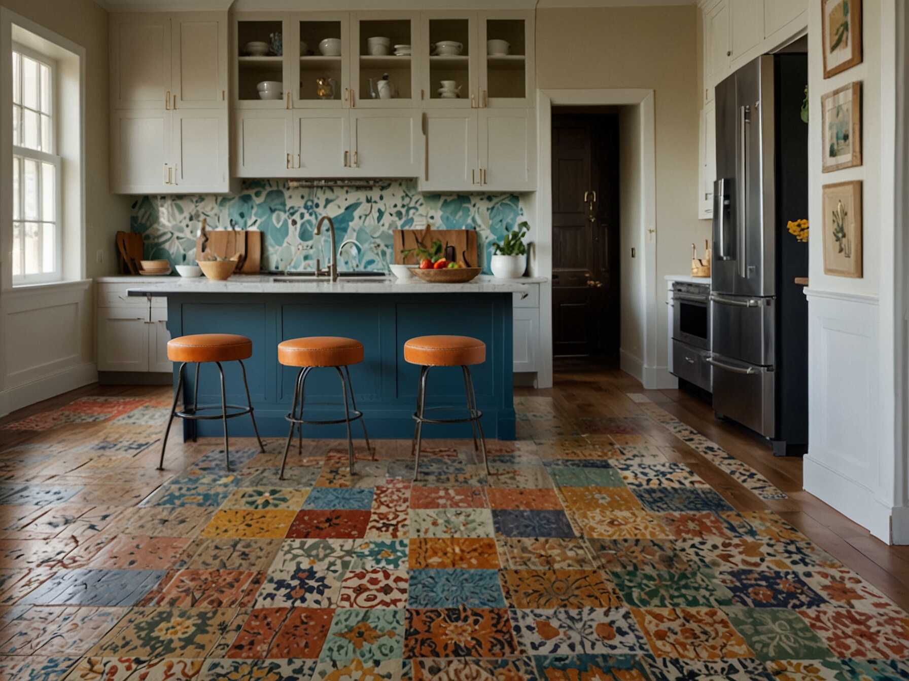 Add fun flooring to your kitchen, like patterned tiles or a colorful rug. This makes the floor a focal point. Choose materials that are easy to clean and durable.  