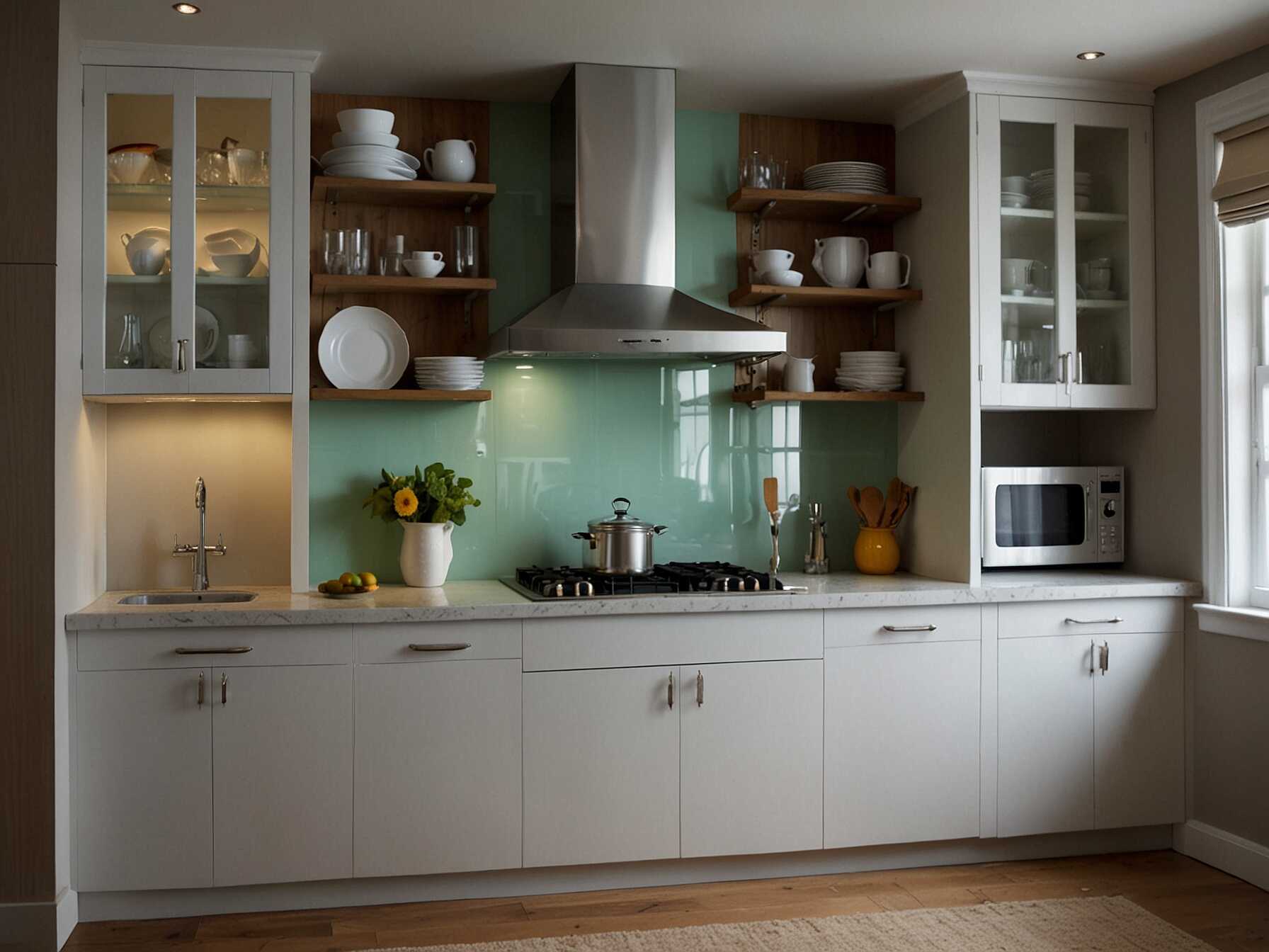 Replace solid cabinet doors with glass ones. This gives the kitchen an open, airy feel. Display your favorite dishes and keep it tidy for a stylish look.  