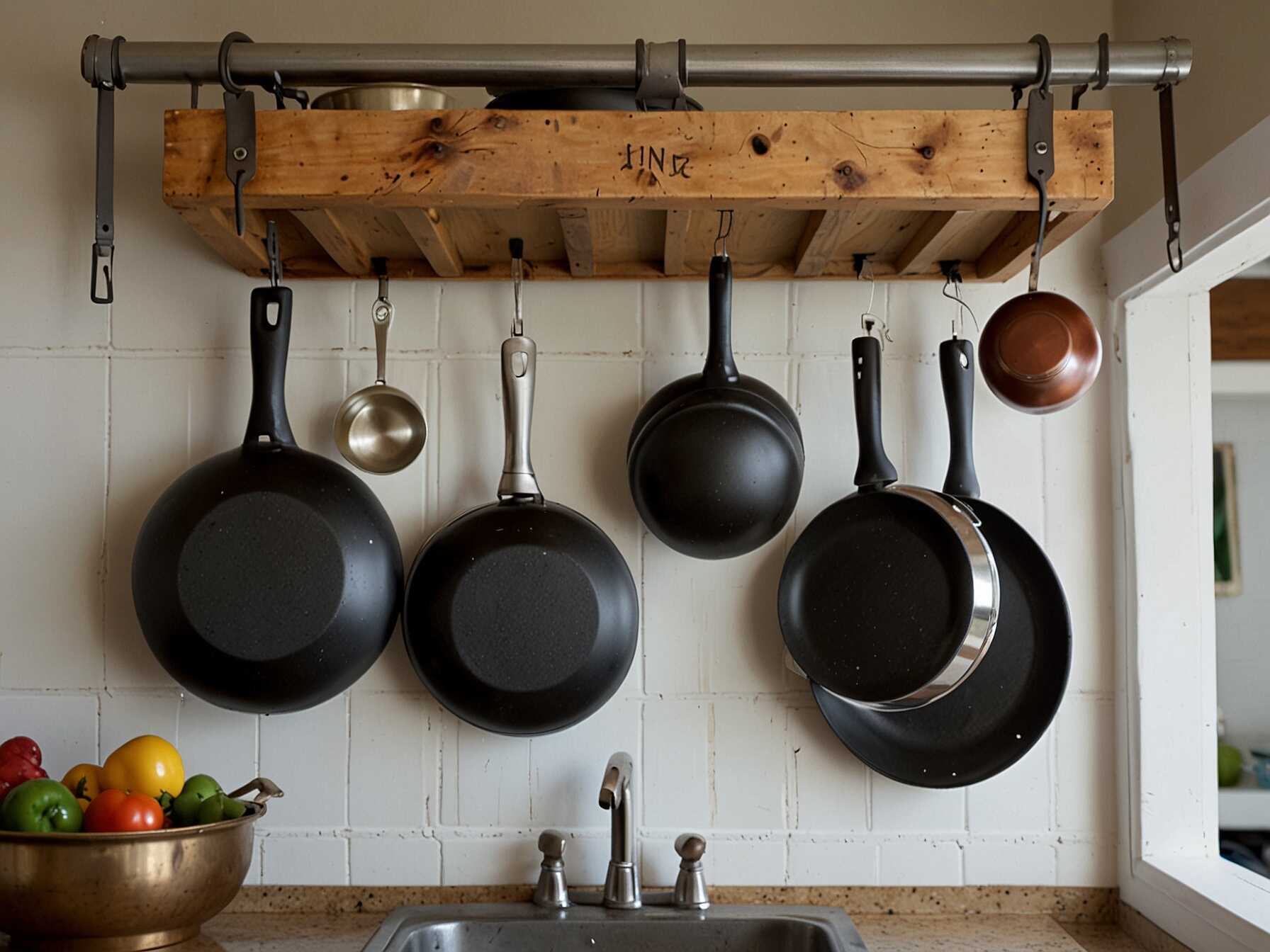 Install a hanging pot rack to store your cookware. This saves cabinet space and adds a rustic charm. Plus, it keeps your pots and pans within easy reach.  