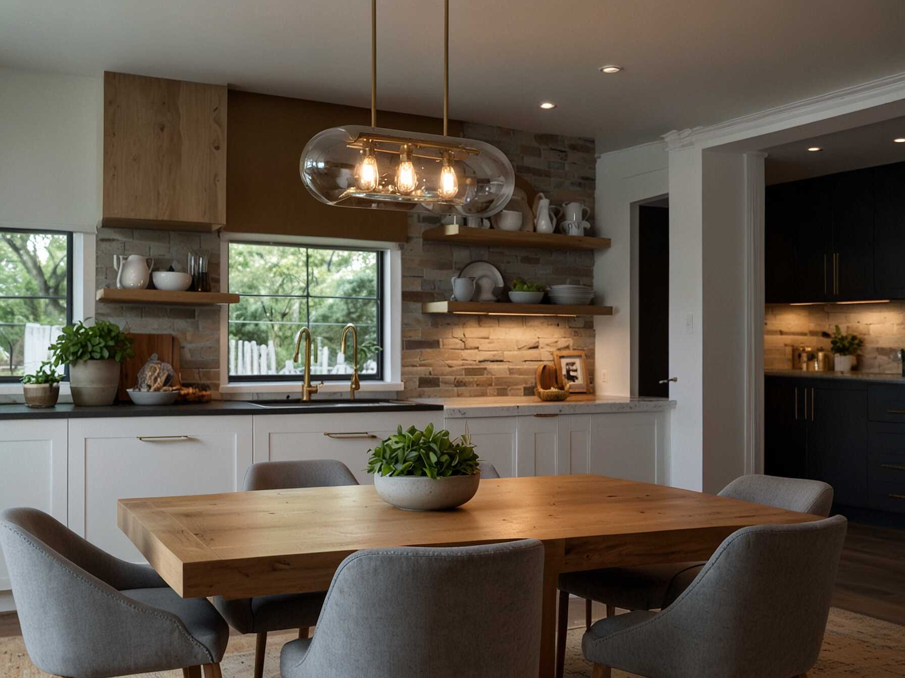 Install statement lighting above the kitchen island or dining area. Use pendant lights or chandeliers to add charm and personality. This also brightens up the space.  