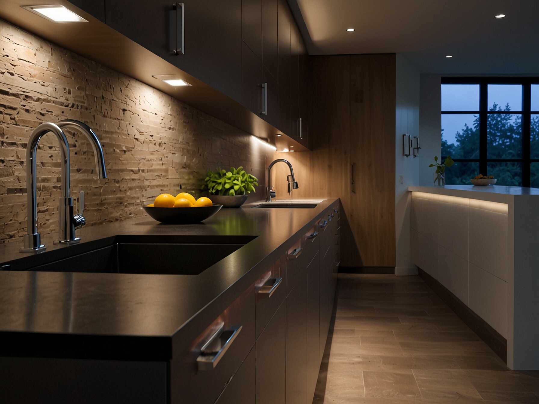 Add under-cabinet lighting to brighten your countertops. It’s practical and stylish. LED strips or puck lights work well for this purpose.  