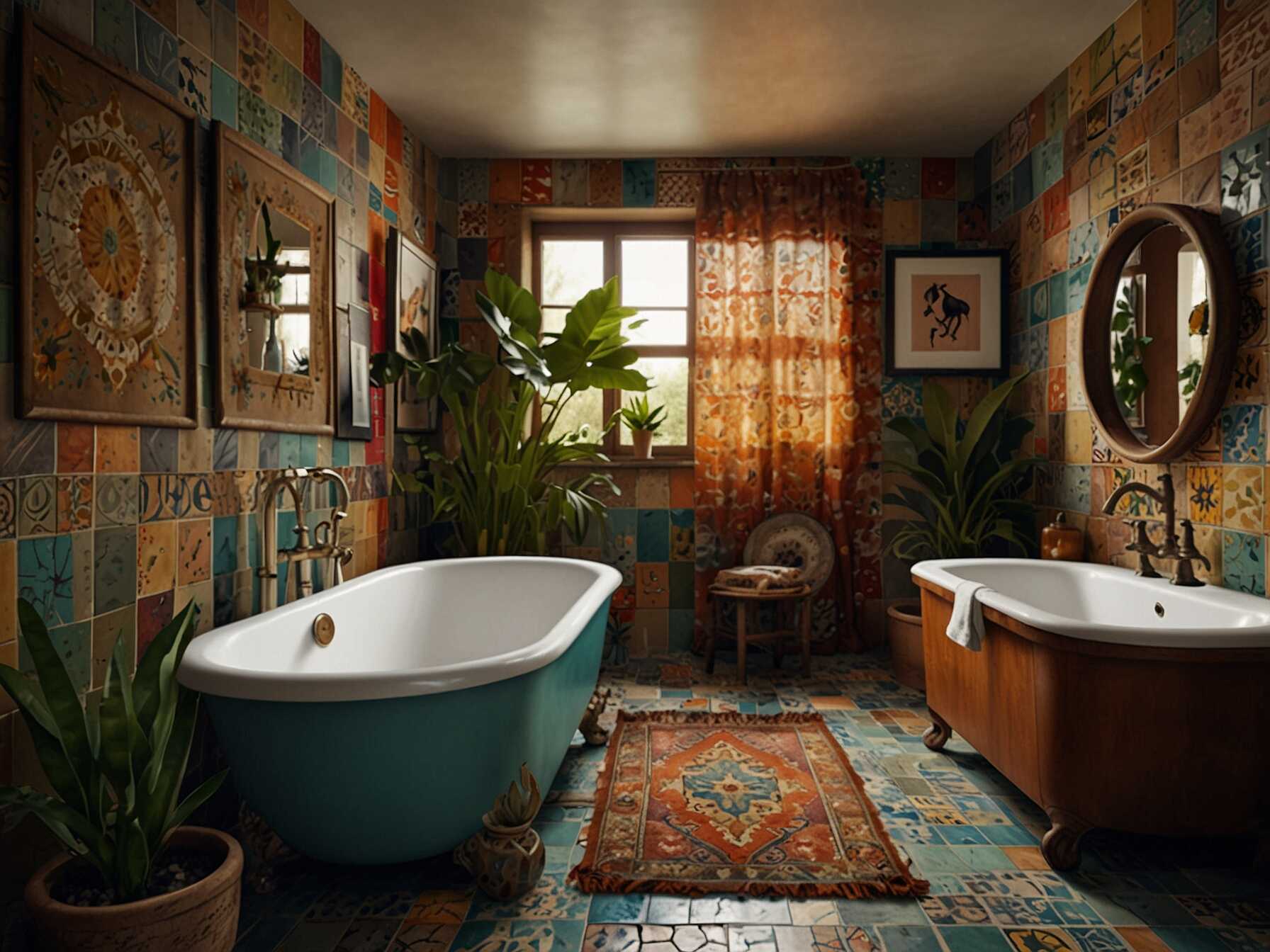 Create a bohemian-inspired bathroom with mix-and-match elements. Use colorful tiles, eclectic accessories, and lots of plants. This look is perfect for those who love an eclectic and relaxed style.  