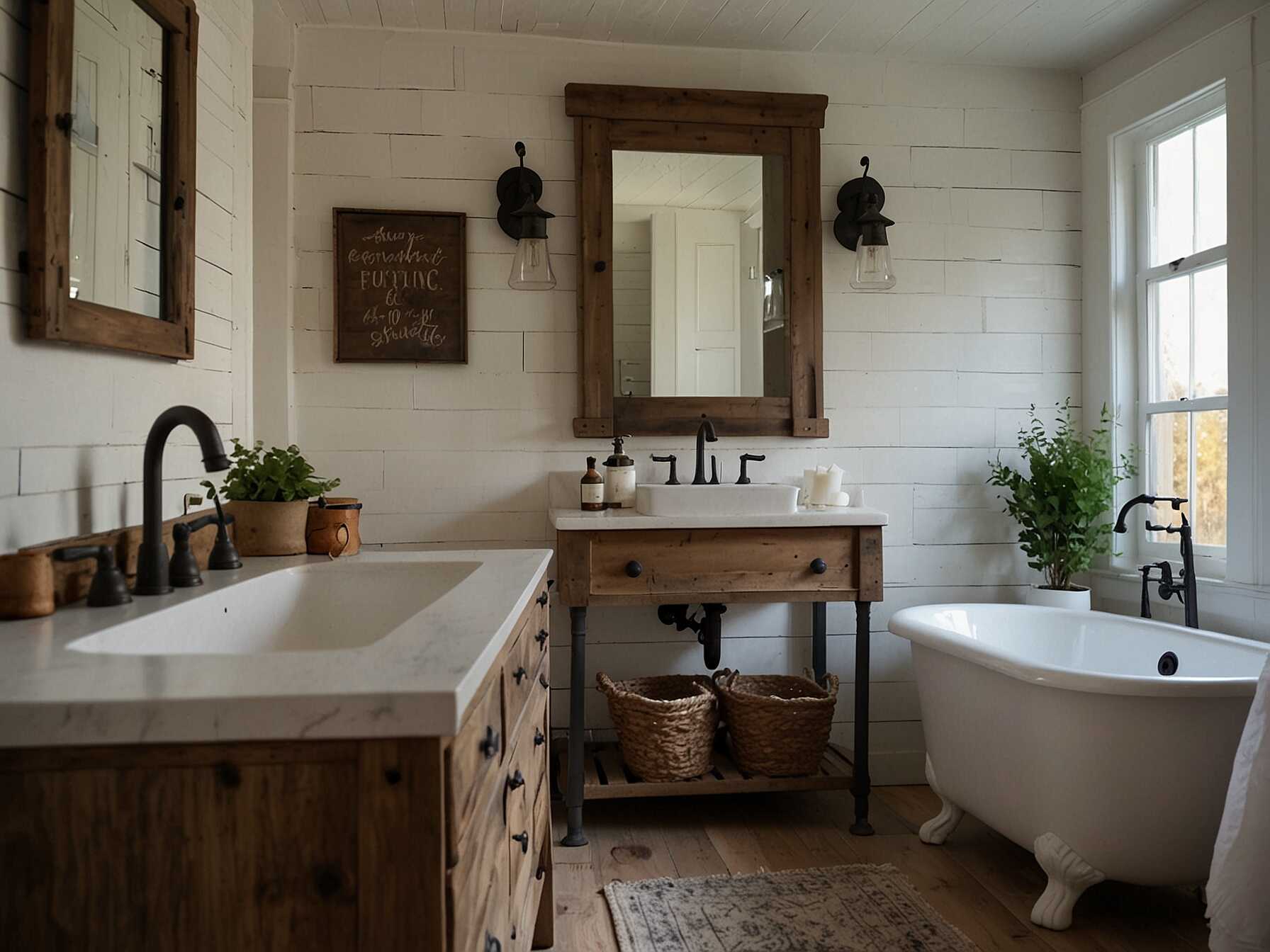 Bring a touch of the countryside to your bathroom with a farmhouse design. Use shiplap walls, rustic wood accents, and vintage-style faucets. This style is both charming and cozy.  