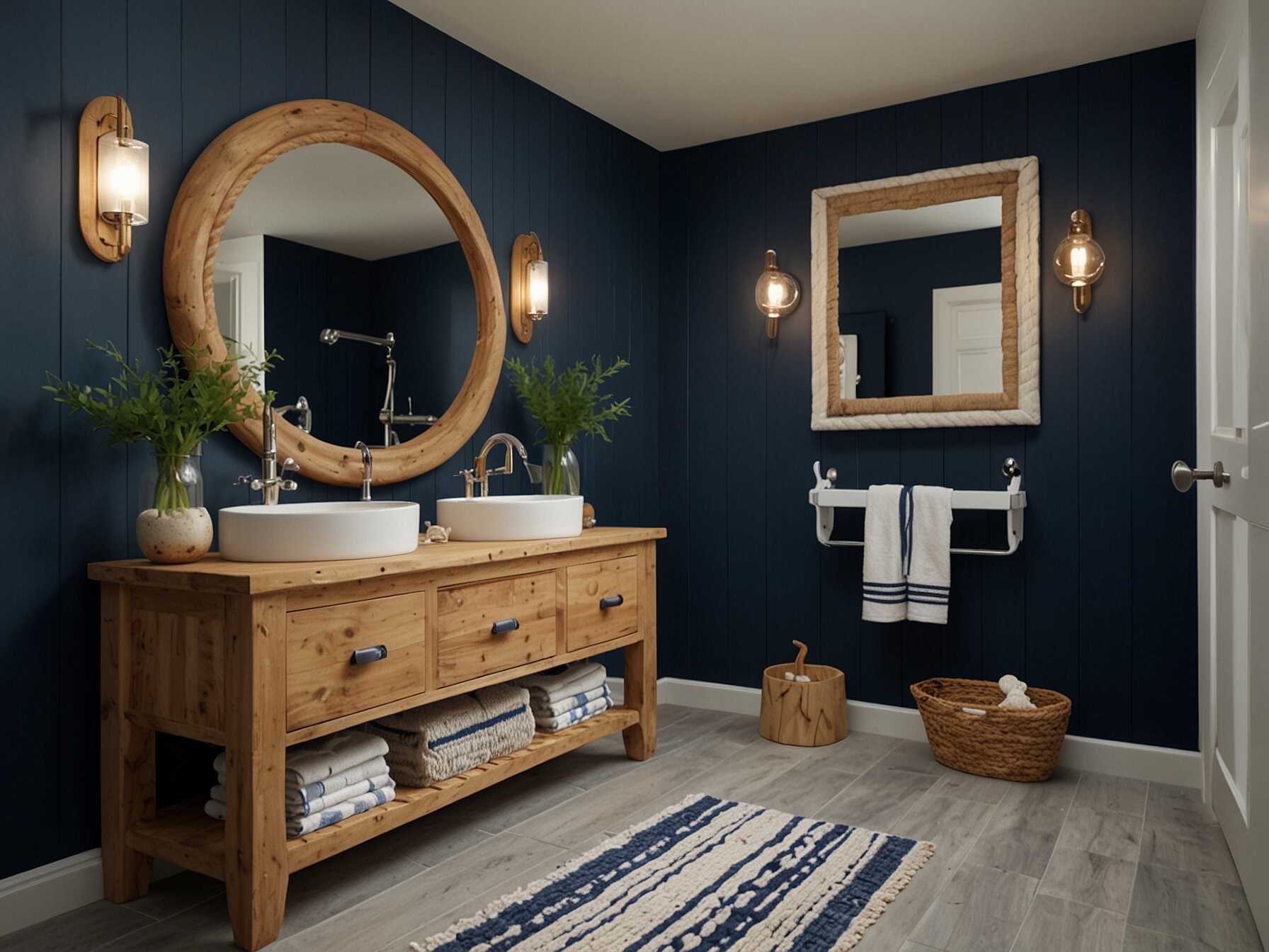 Enjoy a seaside feel with a nautical-themed bathroom. Use navy blue, white, and natural wood accents. Add some nautical decor like rope mirrors and seashell accessories.  