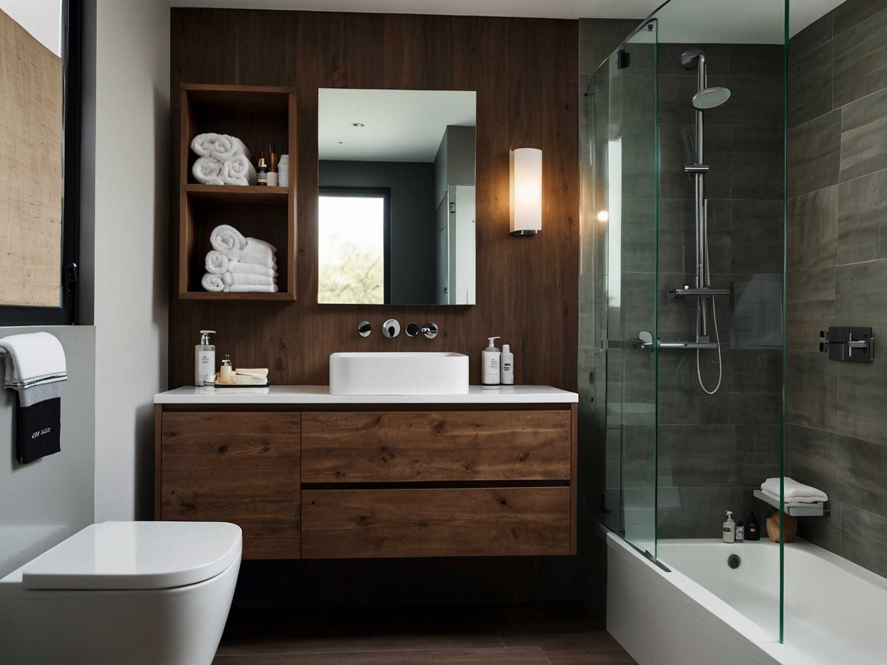 Maximize a small bathroom with smart storage solutions. Use shelves, wall-mounted cabinets, and multifunctional furniture. This keeps your space organized and clutter-free.  