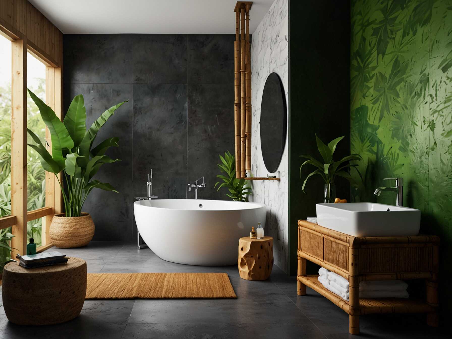 Bring a tropical feel to your bathroom. Use vibrant colors, lots of greenery, and natural textures. Add some bamboo accessories and a large mirror to complete the look.  