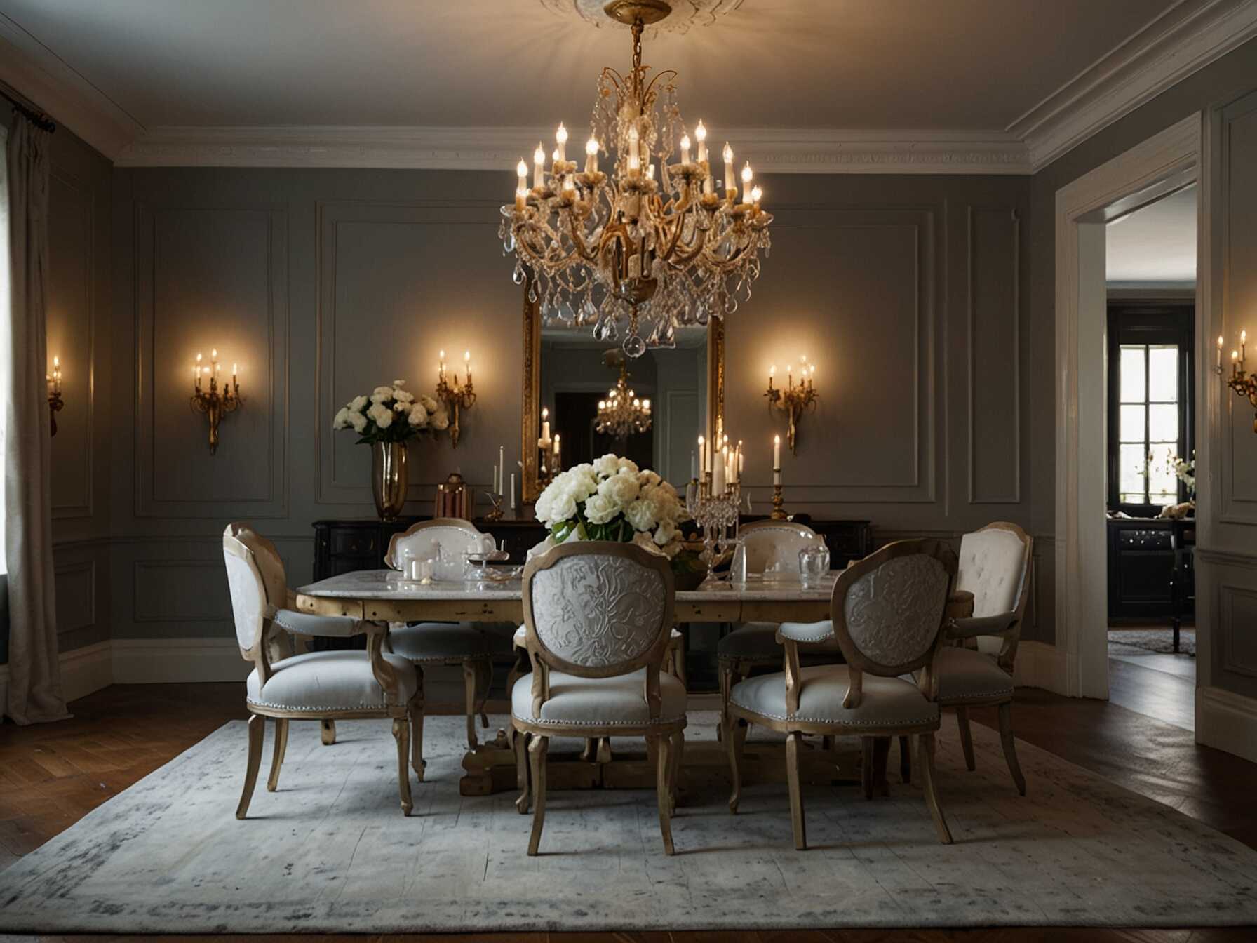 Combine vintage elements with glamorous touches. Use antique fixtures, sparkling chandeliers, and luxurious materials. This look is perfect for those who love a blend of old and new.  