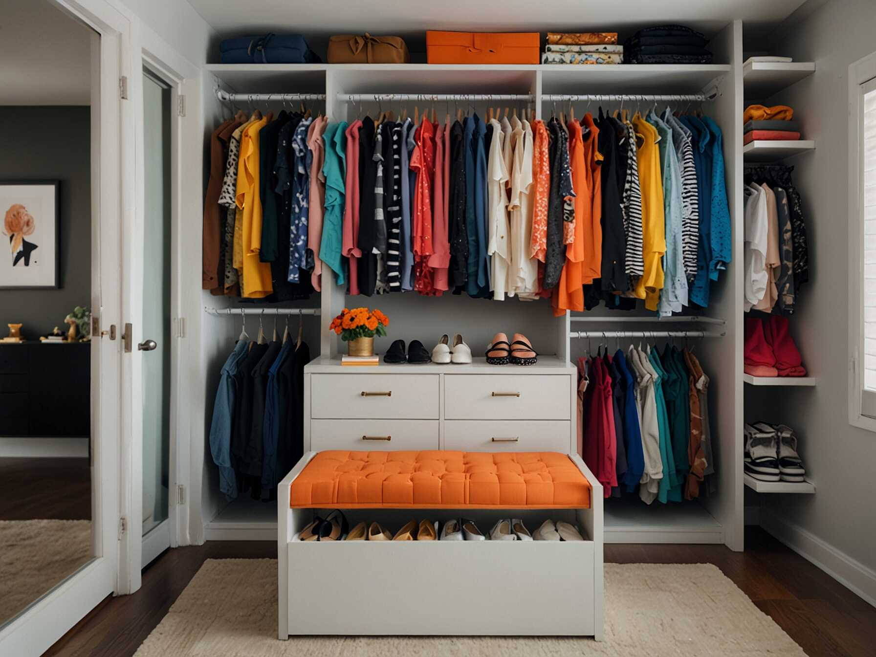 Organize your clothes by color for a visually pleasing look. It helps you find outfits quickly and keeps the space looking tidy. This method turns your walk-in closet into a rainbow of fashion.  