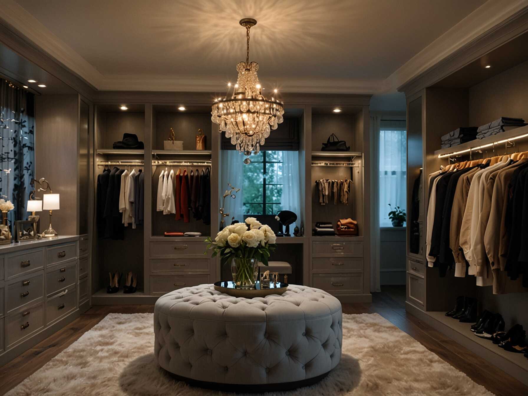 A glamorous chandelier adds a luxurious touch to your walk-in closet. It makes the space feel elegant and special. Good lighting also helps you see your clothes better.  