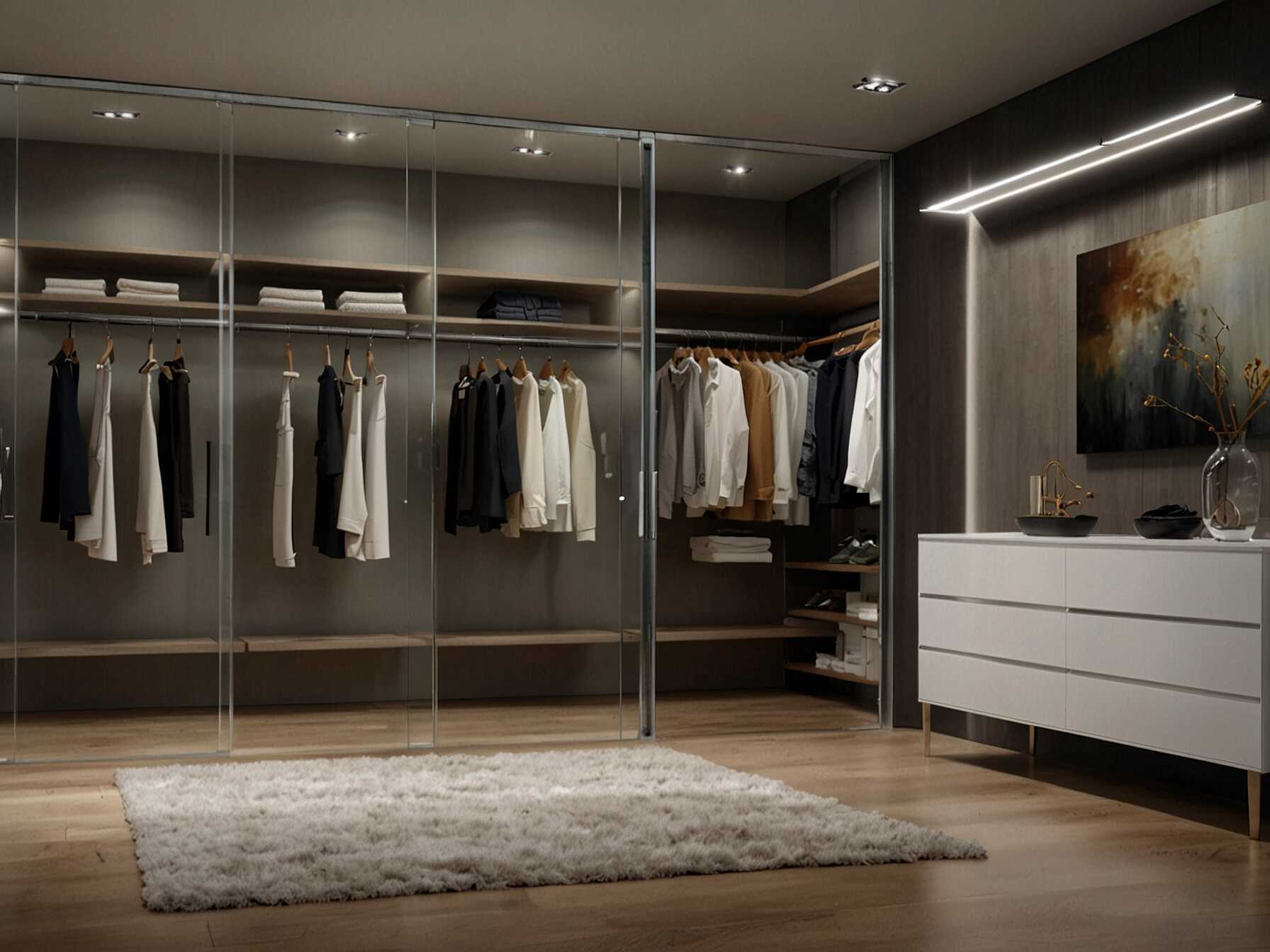 Glass doors add a touch of luxury to your walk-in closet. They protect your clothes from dust while keeping them visible. This makes the space look modern and stylish.  