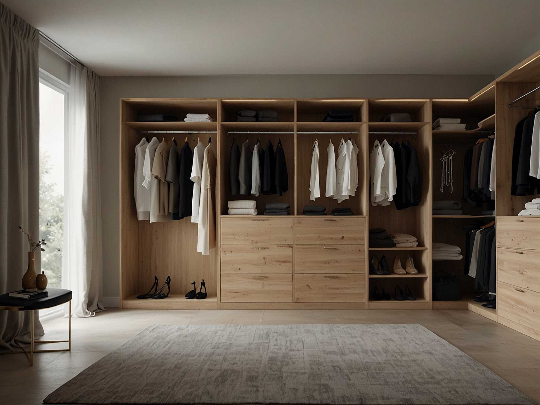 For a clean and organized look, go for a minimalist walk-in closet. Use simple, sleek designs and neutral colors. This creates a serene environment where everything has its place.  