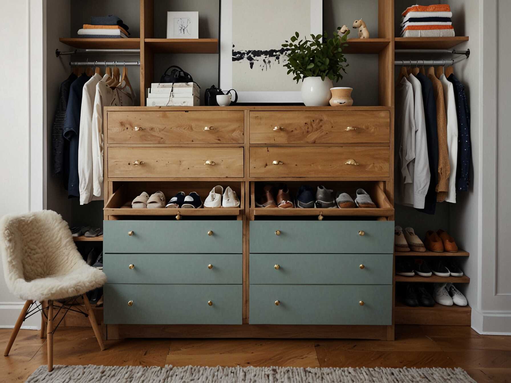 Incorporate a built-in dresser for extra drawer space. It helps keep your clothing organized and hidden from view. You can store anything from socks to delicate items inside.  