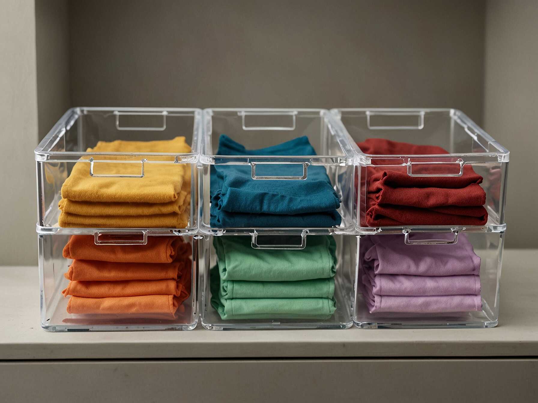 Use clear storage bins to see whats inside at a glance. They keep your items organized and easy to find. This is great for small accessories or off-season clothes.  