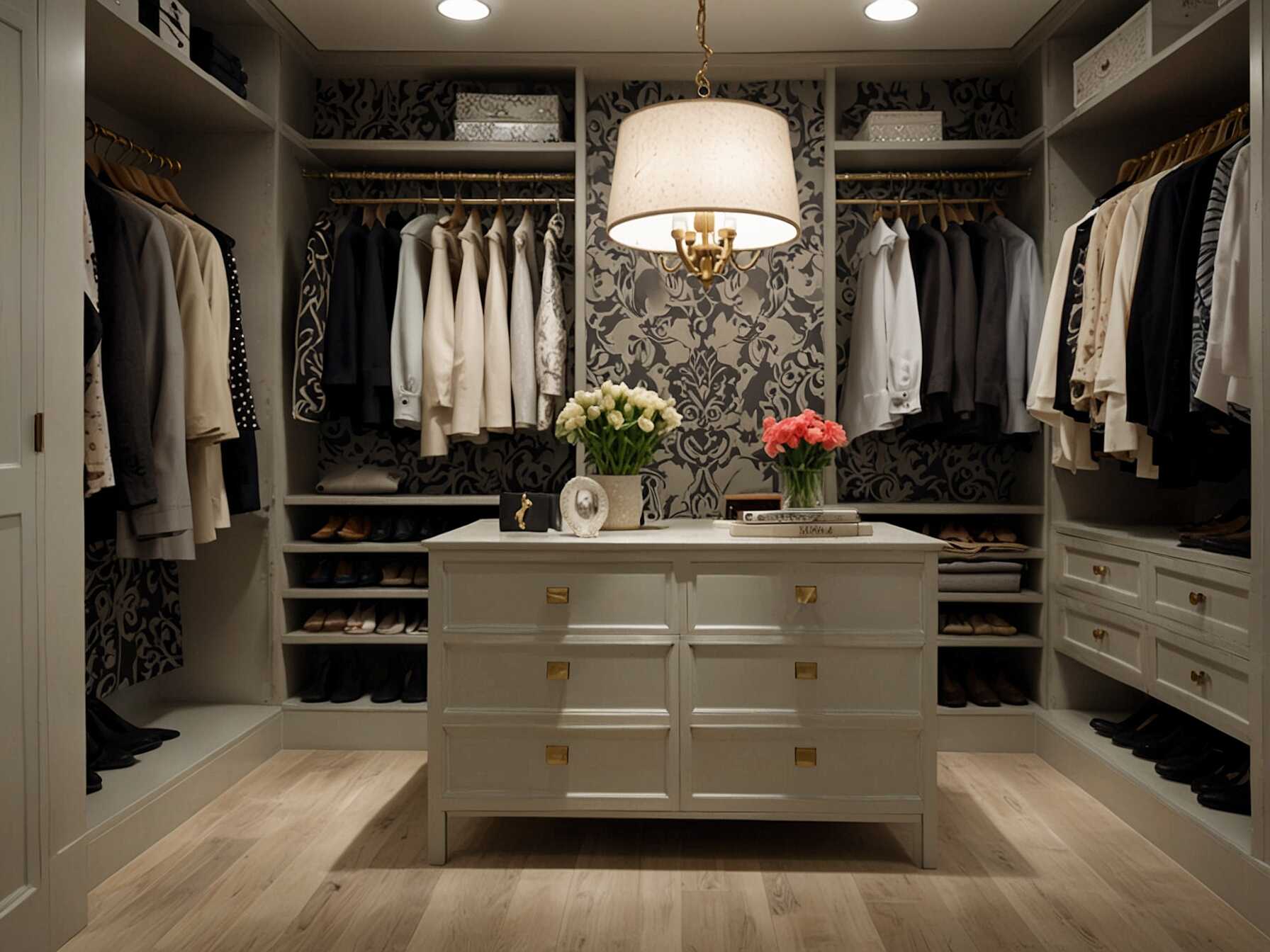 Add decorative wallpaper to make your walk-in closet unique. Choose a pattern or color that reflects your style. This adds personality and makes the space feel special.  