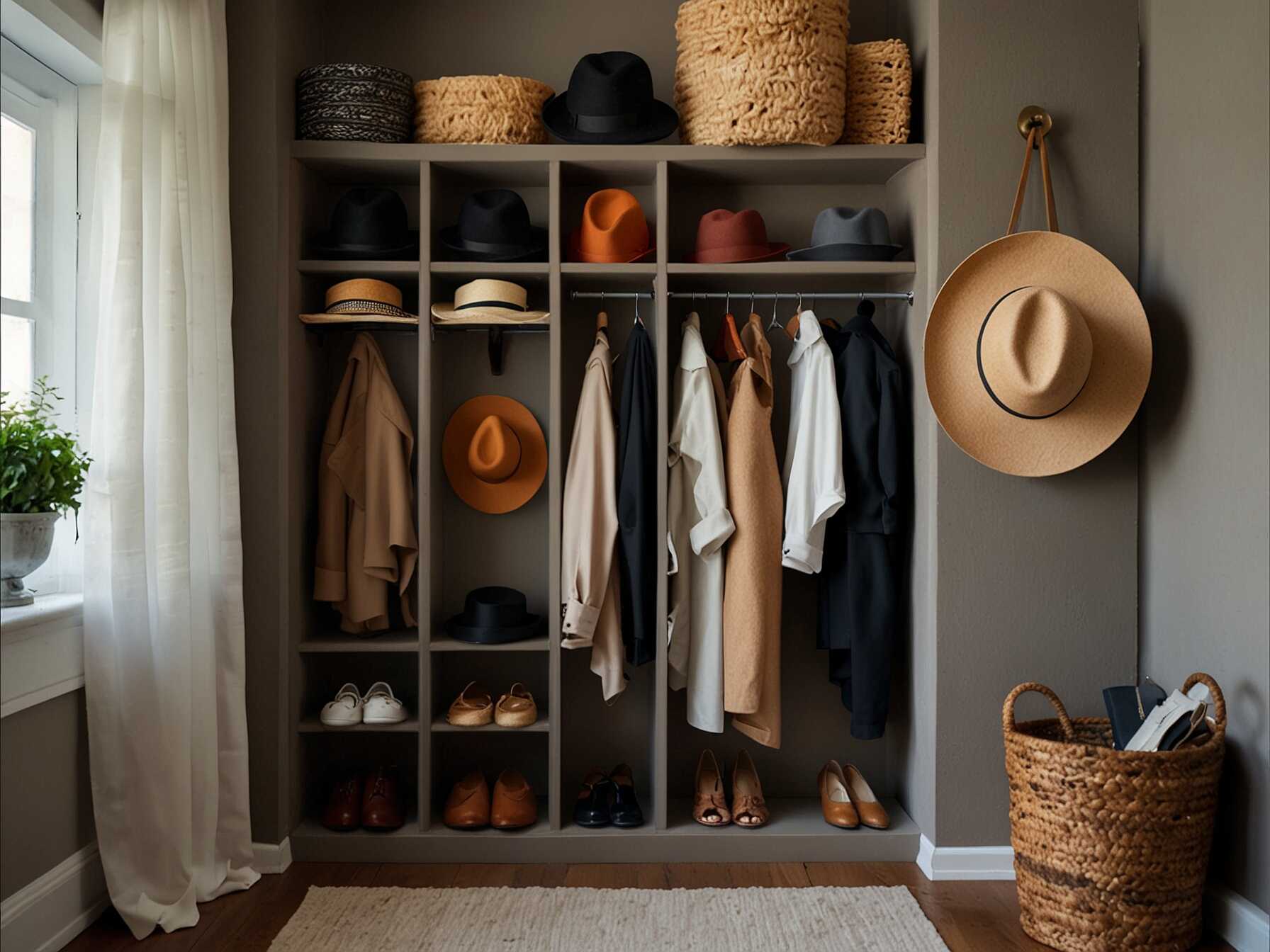 Display your hats on shelves or hooks in your walk-in closet. This keeps them in good shape and easy to grab. It also adds a stylish element to your closet.  