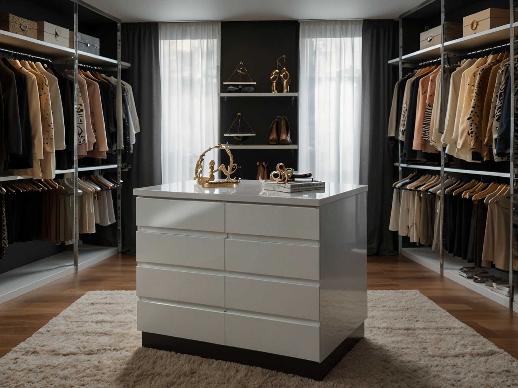 An island in the center of your walk-in closet provides extra storage. You can use it for jewelry, watches, or even display your favorite accessories. It also offers a convenient place to fold clothes.  