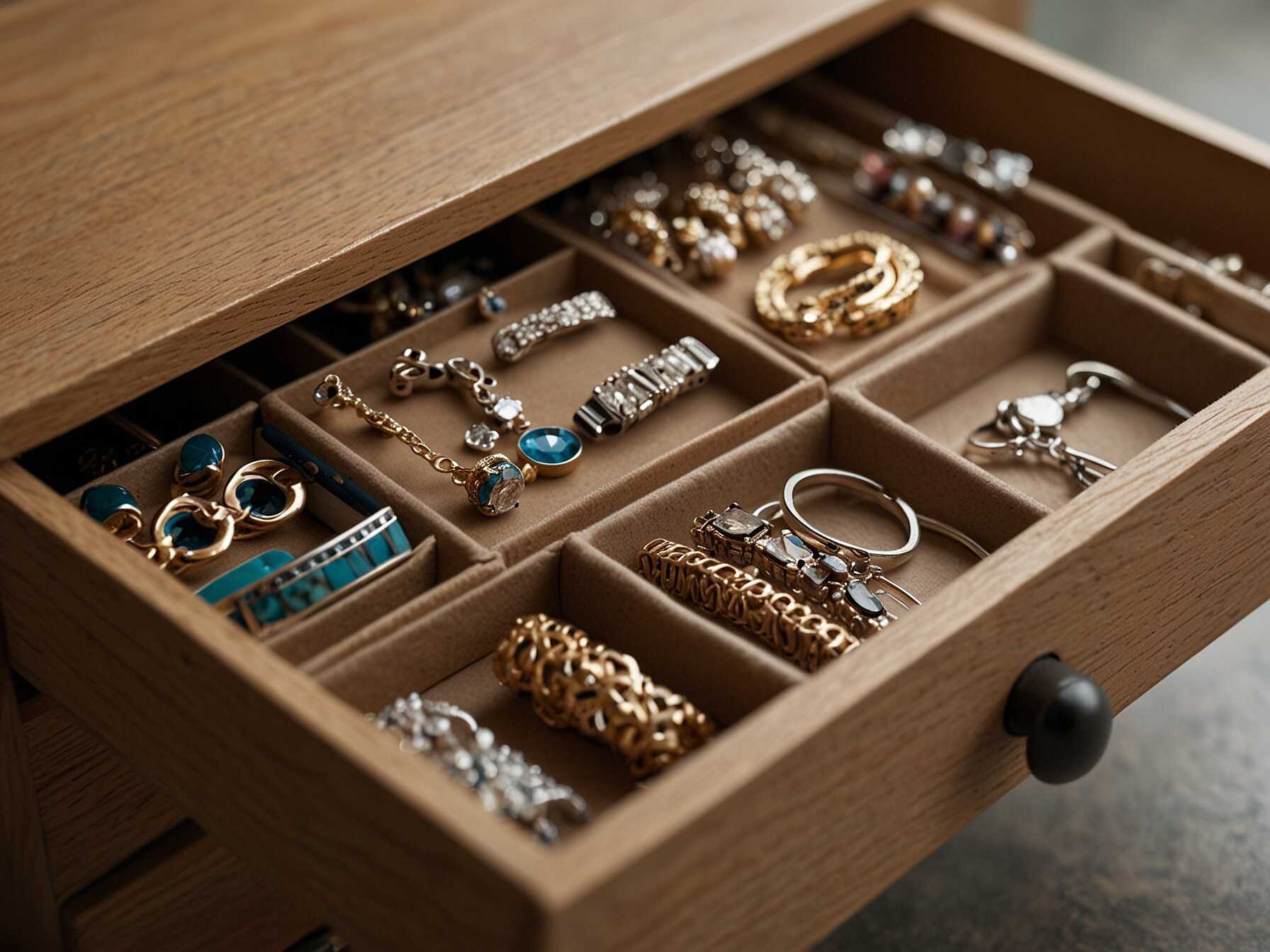 A jewelry drawer keeps your accessories organized and untangled. Use dividers to separate earrings, bracelets, and necklaces. It makes finding the perfect piece easy and fast.  