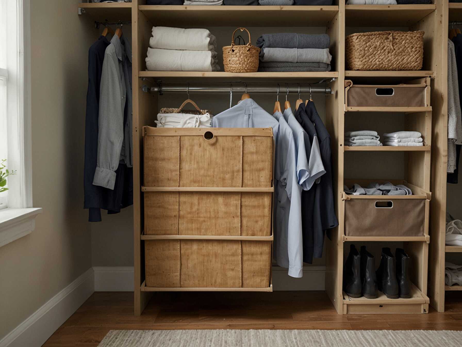 Add a hidden laundry hamper to your walk-in closet. This keeps dirty clothes out of sight and organized. Its convenient and keeps the space looking clean.  