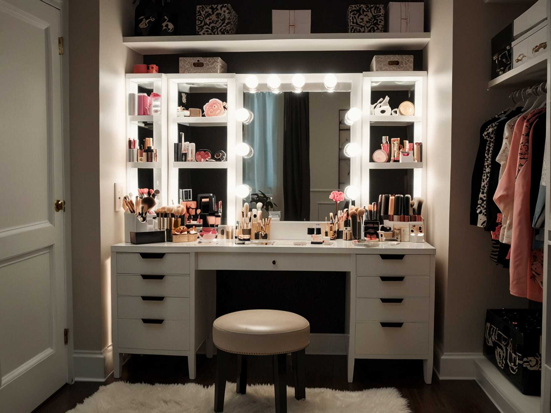 Create a makeup station within your walk-in closet. Use a small vanity or desk with good lighting. This makes getting ready in the morning convenient and fun.  