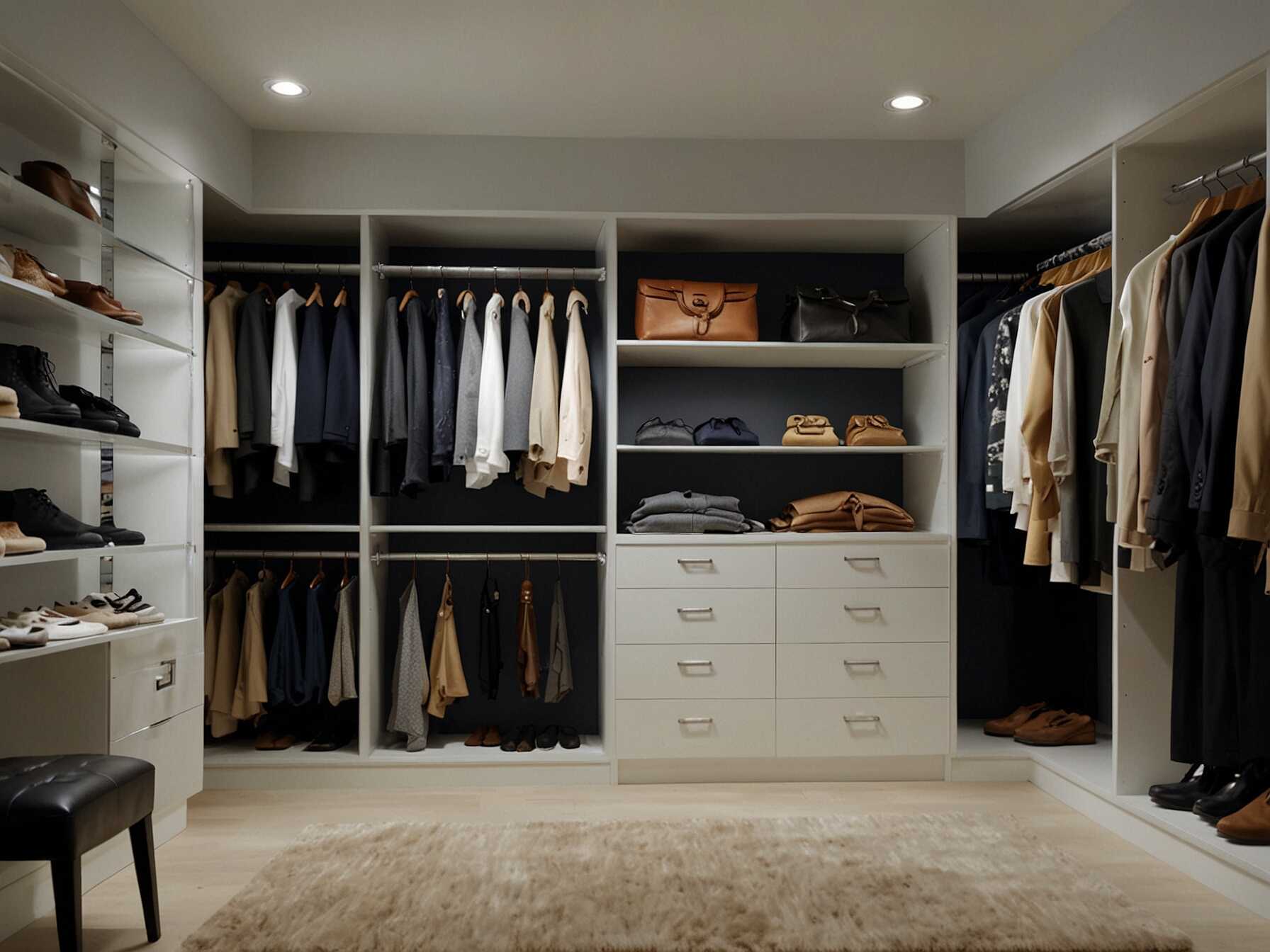 If possible, include natural lighting in your walk-in closet. A small window or skylight brightens up the space. It makes choosing outfits easier and more enjoyable.  