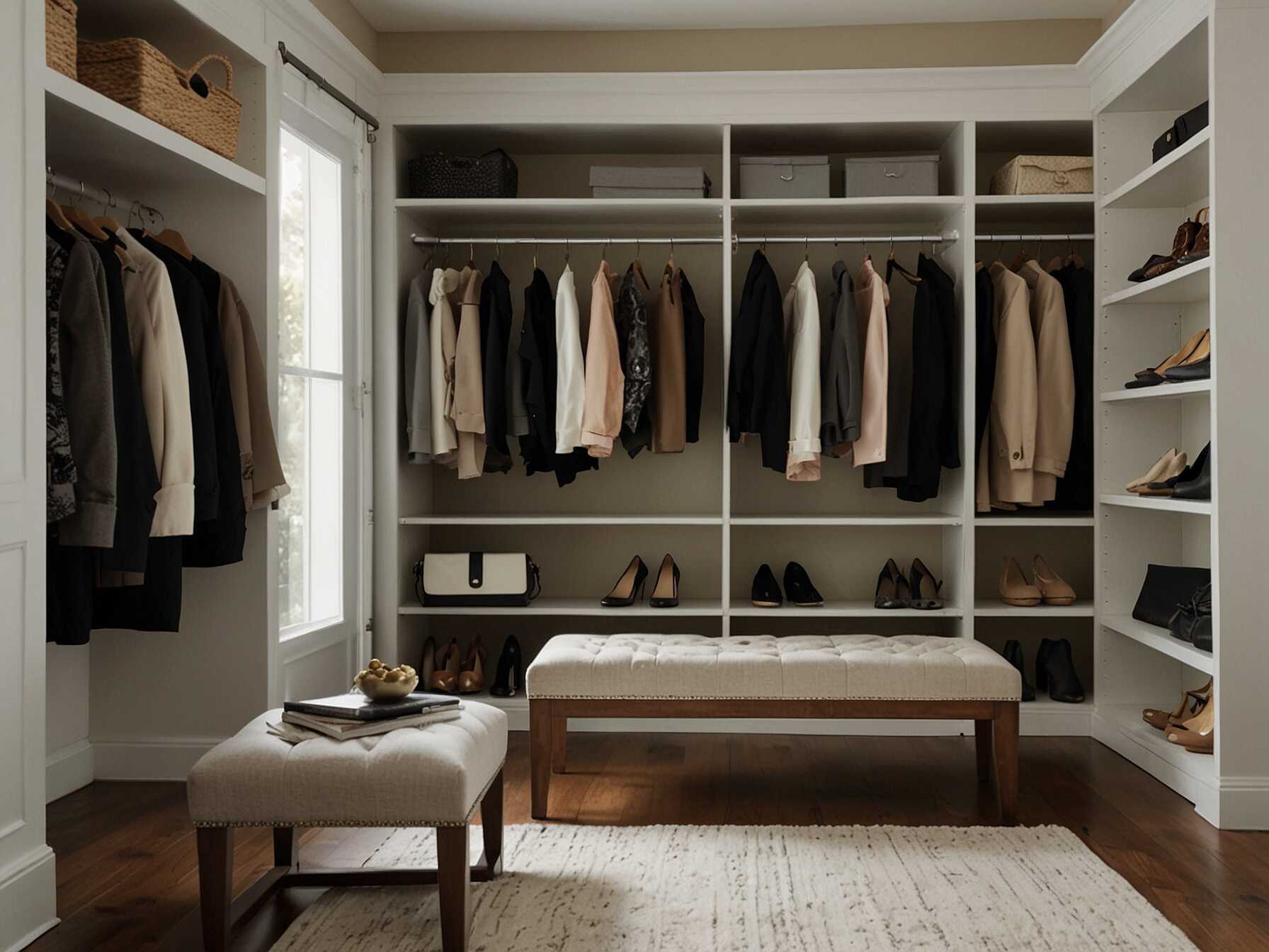 Add a seating area to your walk-in closet for comfort. A small bench or chair is perfect for trying on shoes or taking a break. It makes the space more inviting and functional.  