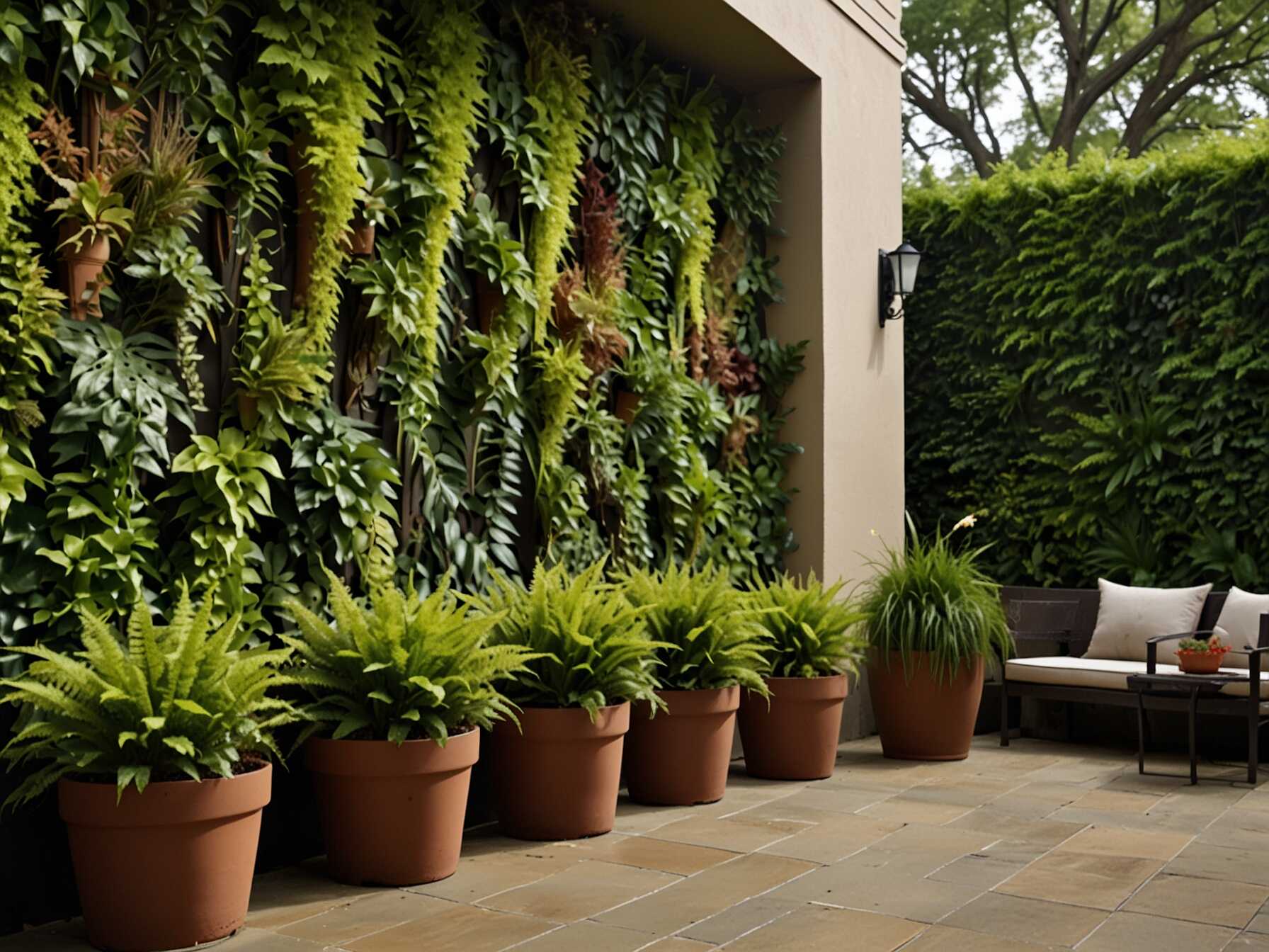 Create a green wall for extra privacy. Choose leafy plants like ferns or ivy. They grow quickly and cover spaces nicely.  Install tall planters along your patio wall. Arrange them to block views from neighbors. Enjoy a private and lush outdoor area.  Green walls also reduce noise and improve air quality. They make your patio more peaceful and relaxing.  